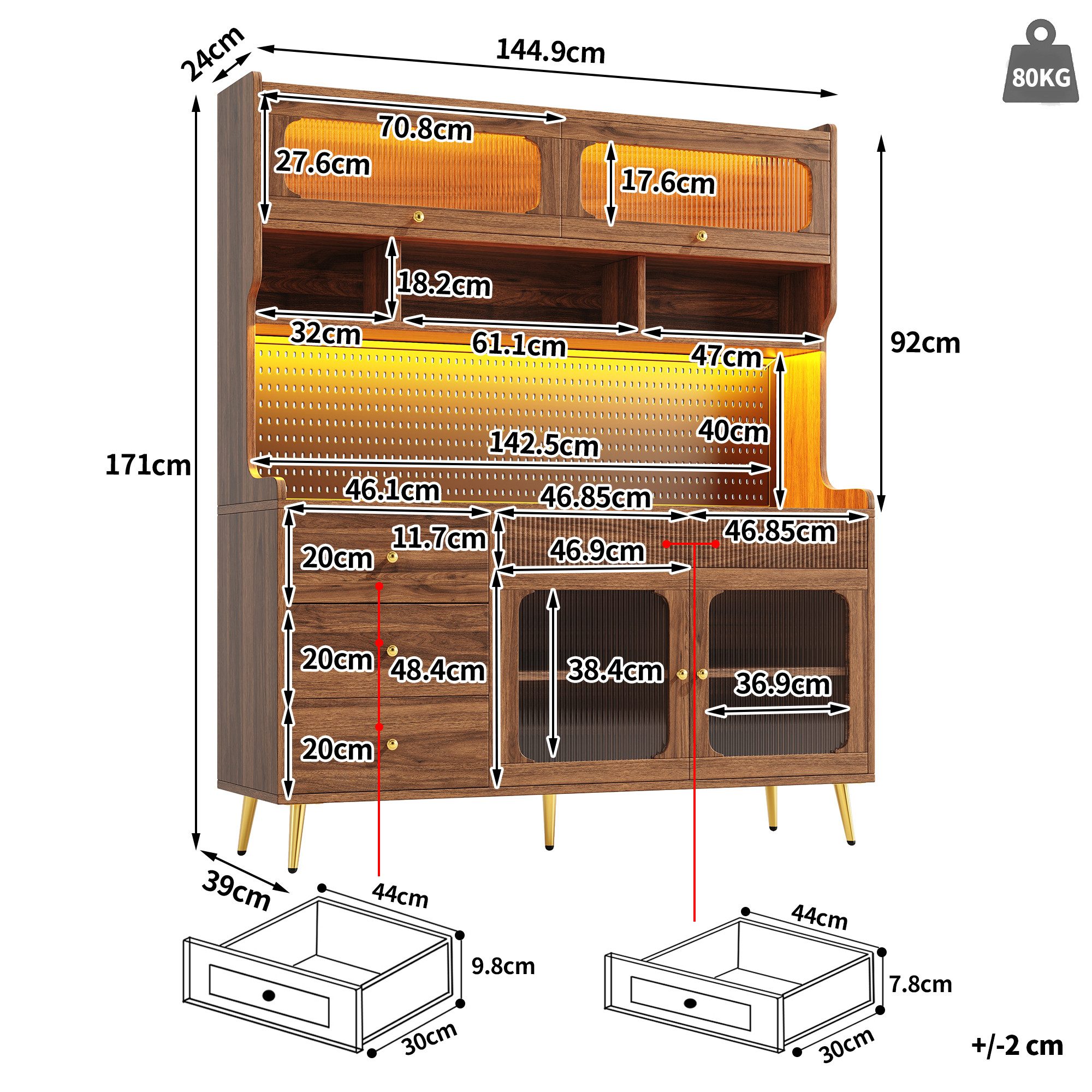 Odikalo Küchenbuffet Küchenschrank Buffetschrank mit LED (mit LED-Beleuchtung & App, Schmaler Hochschrank für Küche & Wohnzimmer, Stilsicherer Aufbewahrungsschr – Bild 5 von 5