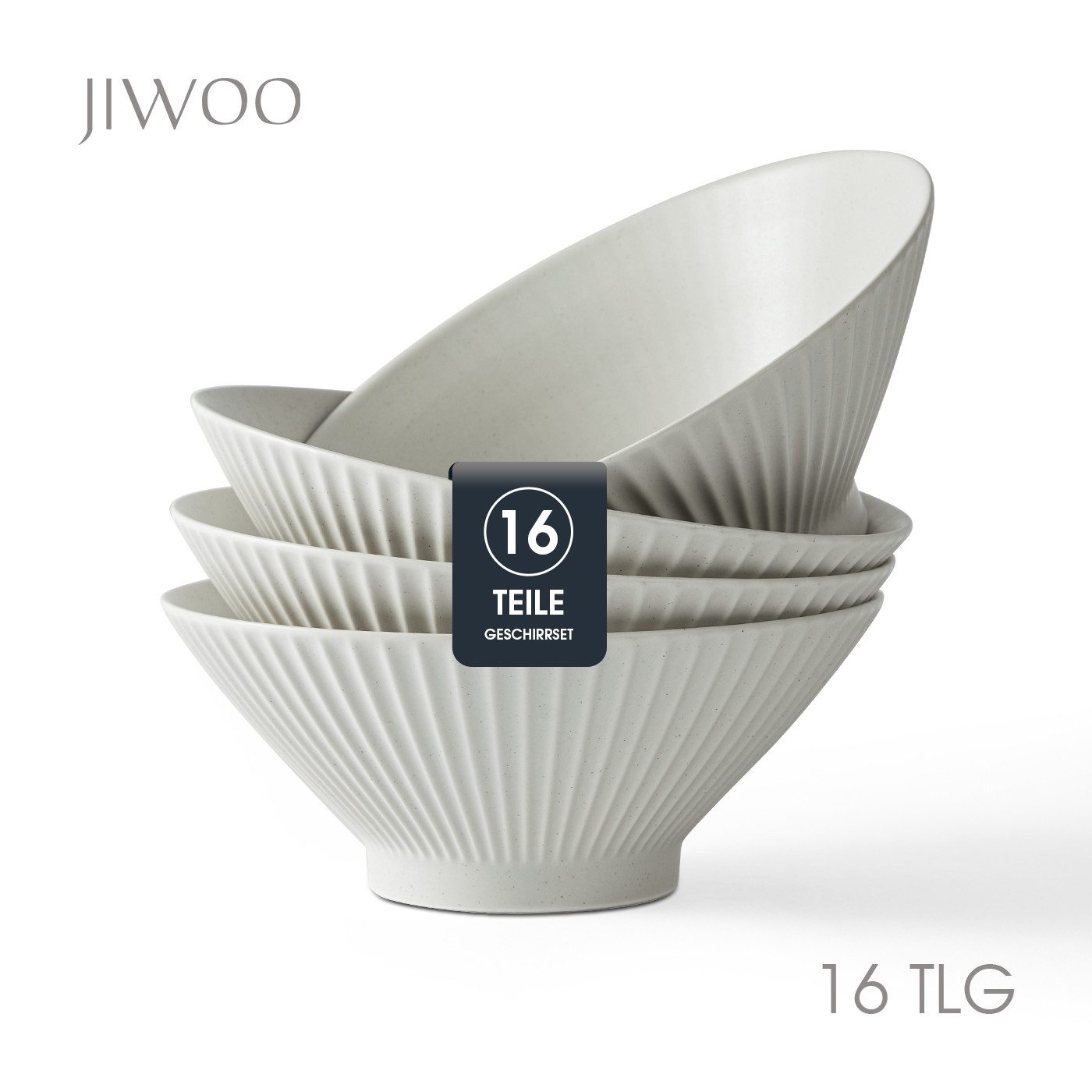 JIWOO Schüssel 4er Ø20cm, Japanische Ramenschüssel Suppenschüssel bowl Pastaschüssel, Keramik, (Set, 16-tlg), Bowl Hochwertiges Schüsseln Grau Schüssel Mikrowellenofen Spülmaschine