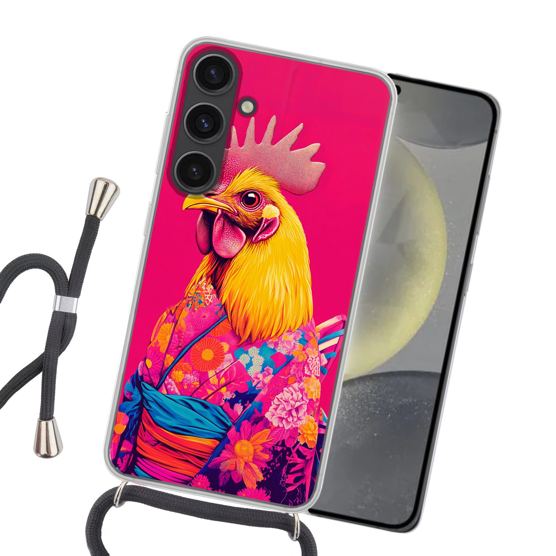 MuchoWow Handyhülle für Samsung Galaxy S24 Plus Hahn - Bunt - Kimono - Rosa, Tragbare Handyhüllen mit Kette zum umhängen, Handykette Handyband