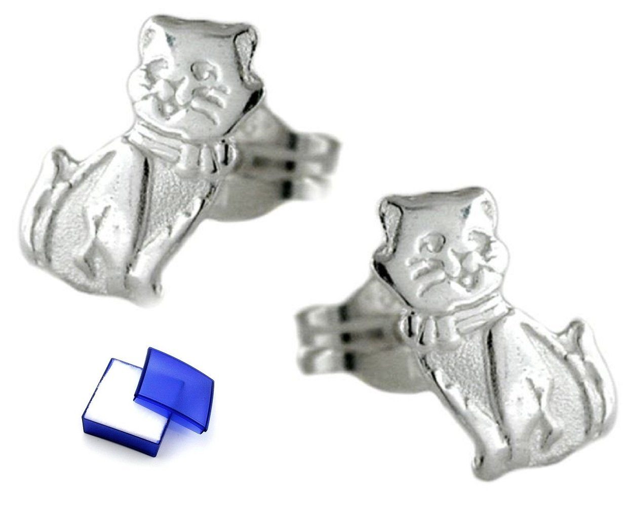 unbespielt Paar Ohrstecker Ohrringe Ohrstecker Katze matt-glänzend 925 Silber 8 x 5 mm inkl. kleiner Schmuckbox, Silberschmuck für Damen und Herren