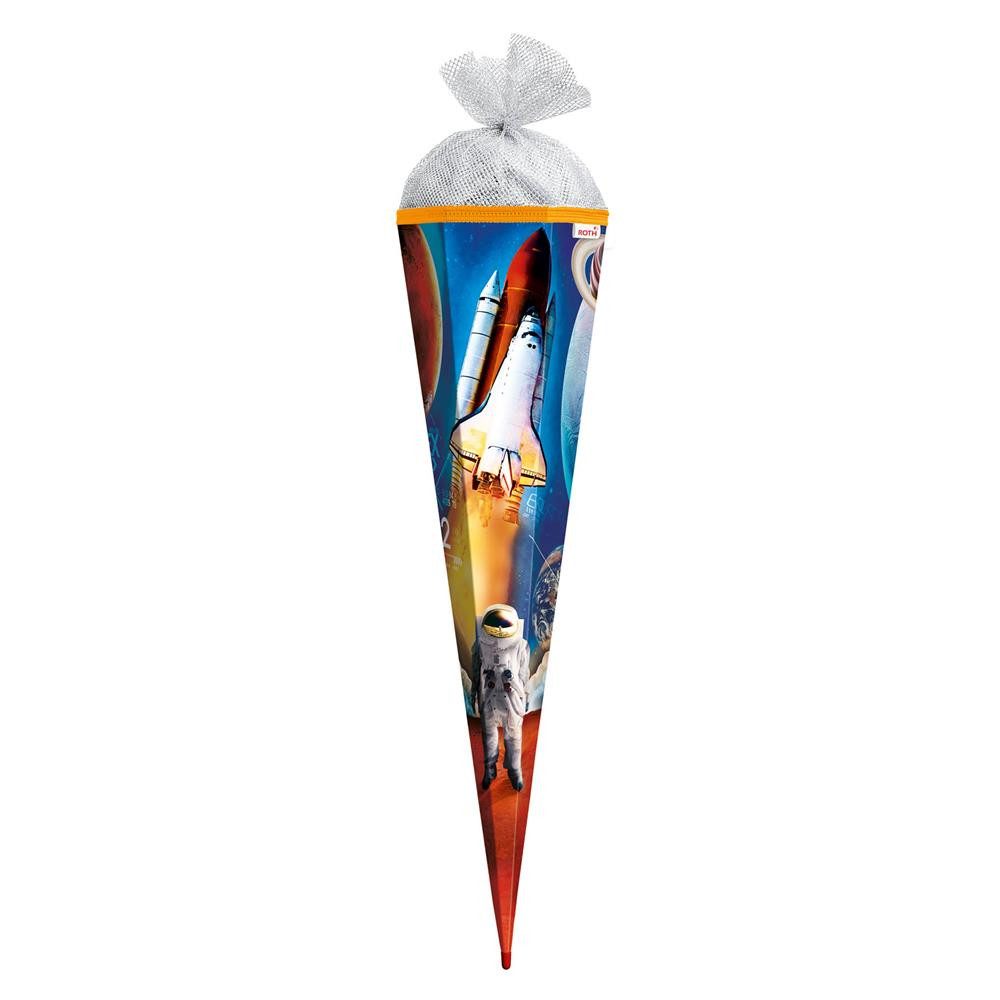 Roth Schultüte Weltraum, 85cm, eckig, mit Rot(h)-Spitze und Silbertüllverschluss, Weltraummotiv, Silbertüll, ROT(H)-Spitze, eckige Form, Schulstart