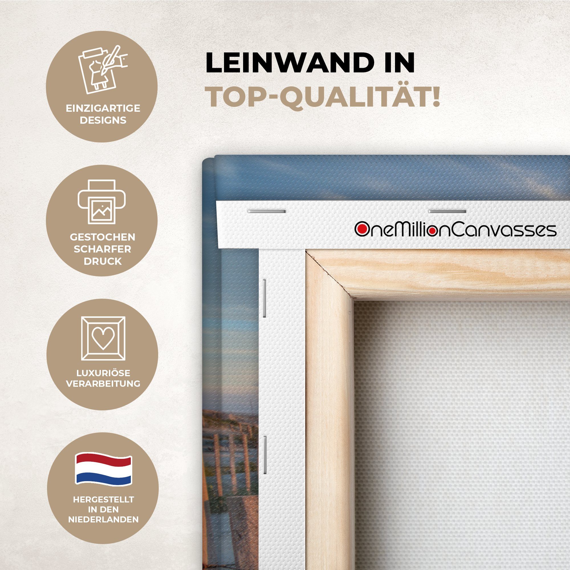 OneMillionCanvasses® Leinwandbild Strand - Meer - Düne - Sonnenuntergang - Landschaft, Fotodruck (1 St), Leinwände Wanddeko Wohnzimmer Schlafzimmer 60x40 cm