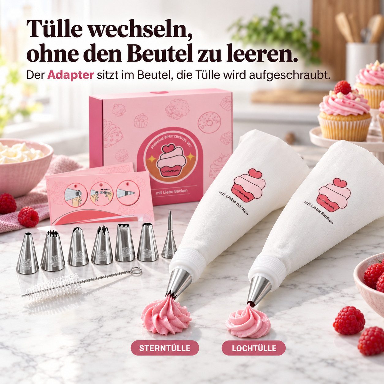 Onbest Spritzbeutel Set 14-tlg. Torten Kuchen Cupcakes Back Zubehör Set (12-tlg) Edelstahl Tülle, 2x Baumwolle Beutel, Geschenk Set fürs Backen – Bild 4 von 5
