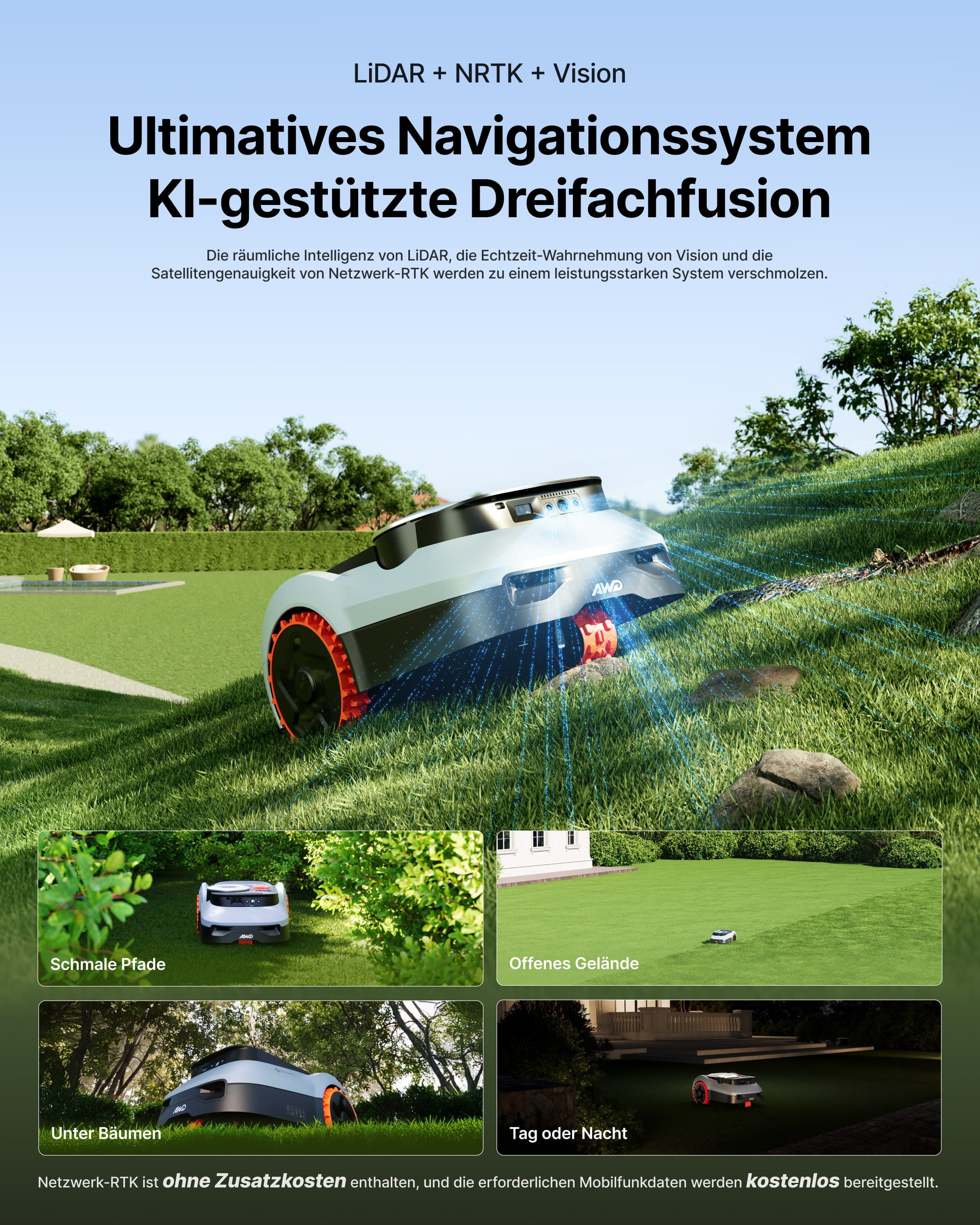 NAVIMOW Rasenmähroboter Segway i210/i220 LiDAR Pro Mähroboter ohne Begrenzungskabel, bis 1000 m² Rasenfläche, (1-St., Xero-Turn AWD für 55 % Steigungen, Auto-Kartierung), mit Garage M, LiDAR+Vision+NRTK Tri-Fusion-Positionierung