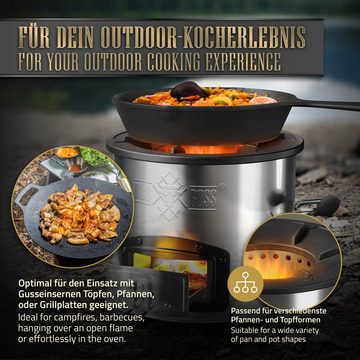 BBQ Boss Feuerstelle Outdoor-Küche aus Edelstahl Outdoor-Küche Campinggrill, Campingofen Silber/Schwarz mit Gusseisenplatte ‎‎26x26x23cm