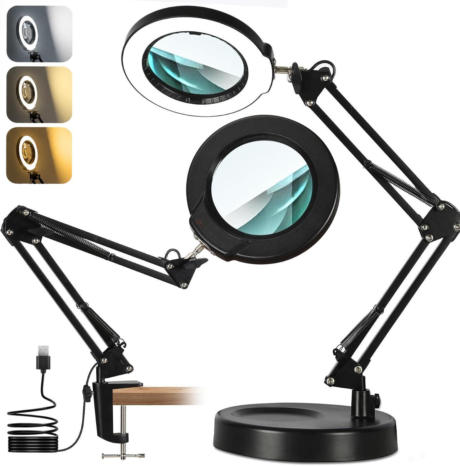 Fyrove Lupenlampe 10X LED Lupenleuchte mit Klemme, Lupenlampe mit Ständer und Ringlicht, 2800-6500K dimmbar, 3 Lichtfarben, 10 Helligkeitsstufen für Lesen, Nähen, Basteln, Kosmetik