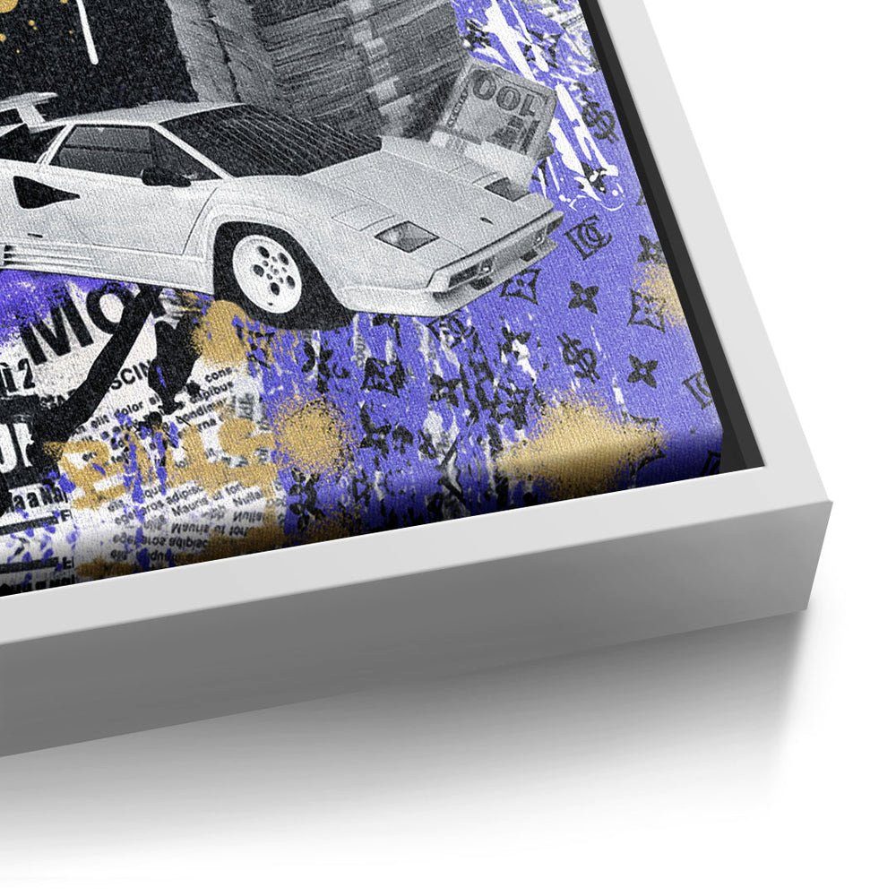Geld, weißer Autos Motivationsbild mit Rahmen DOTCOMCANVAS® Leinwandbild, - Wandbild in Violett Business Premium