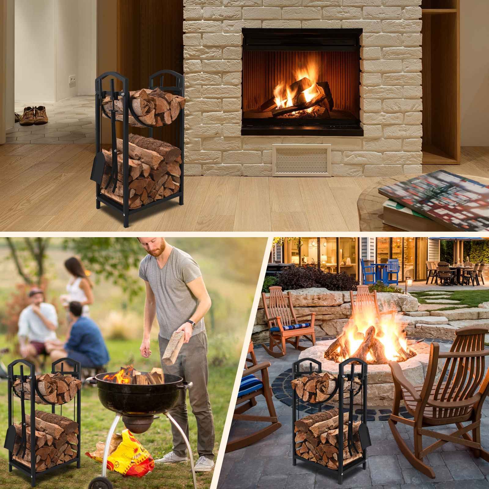 BBG Kaminholzregal Kaminholzregal Set aus Metall mit 4-tlg integriertem Kaminbesteck, BxTxH:40x30x75 cm, (Metall pulverbeschichtet), Brennholzständer für Innen & überdachten Außenbereich,BxTxH:40x30x75cm