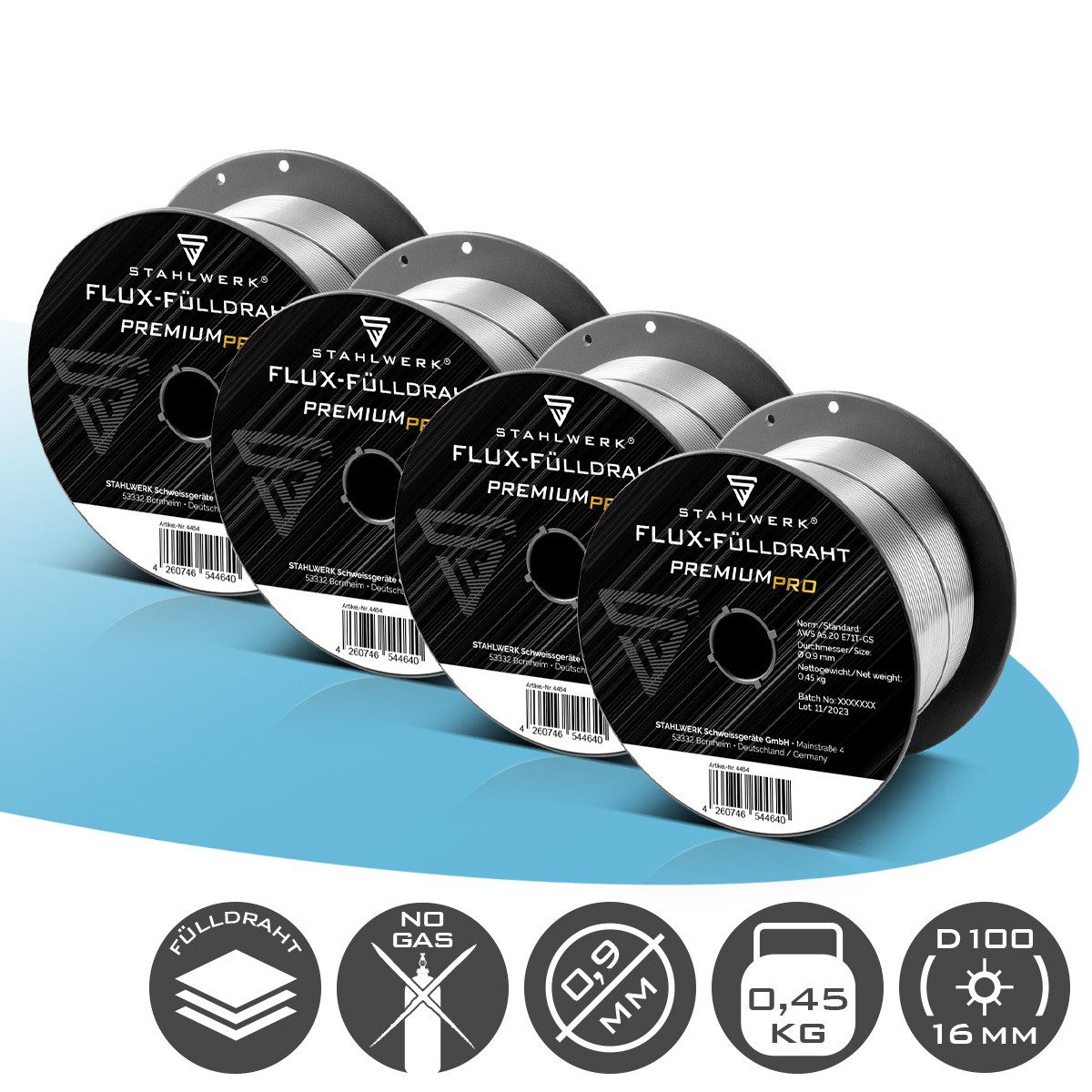 STAHLWERK Schweißdraht 0,9 mm MIG MAG Fülldraht auf D100 Drahtrolle 0,45 kg, 4er Set, (Packung), chemische Zusammensetzung garantiert bessere Schweißergebnisse