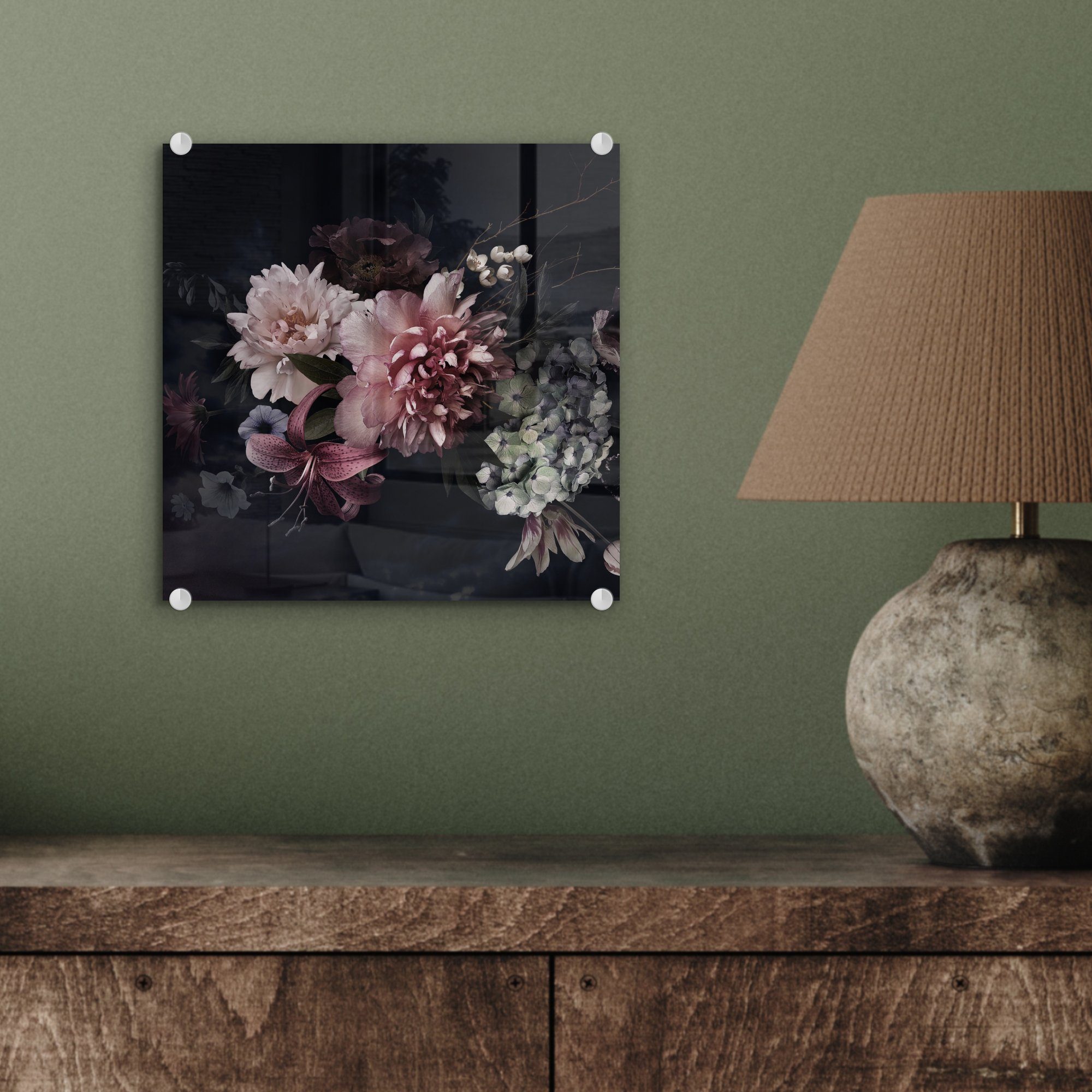 MuchoWow Acrylglasbild Blumen - Vintage - Pastell - Schwarz - Blumenstrauß, Inkl. Aufhängung, Bilder auf Glas Wandbild, Wanddeko Wohnzimmer Badezimmer, 20x20 cm – Bild 4 von 5