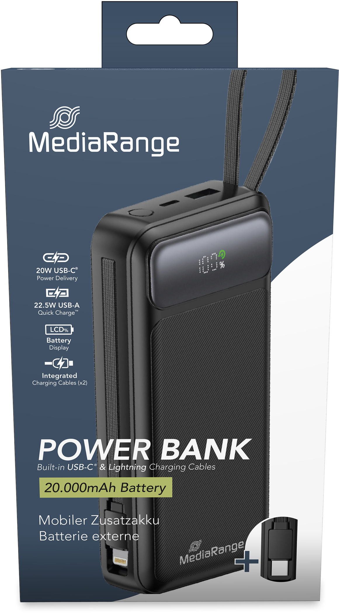 Mediarange Powerbank 20000 mAh Ladegerät USB 2x Typ C, Typ A, Lightning schwarz Powerbank