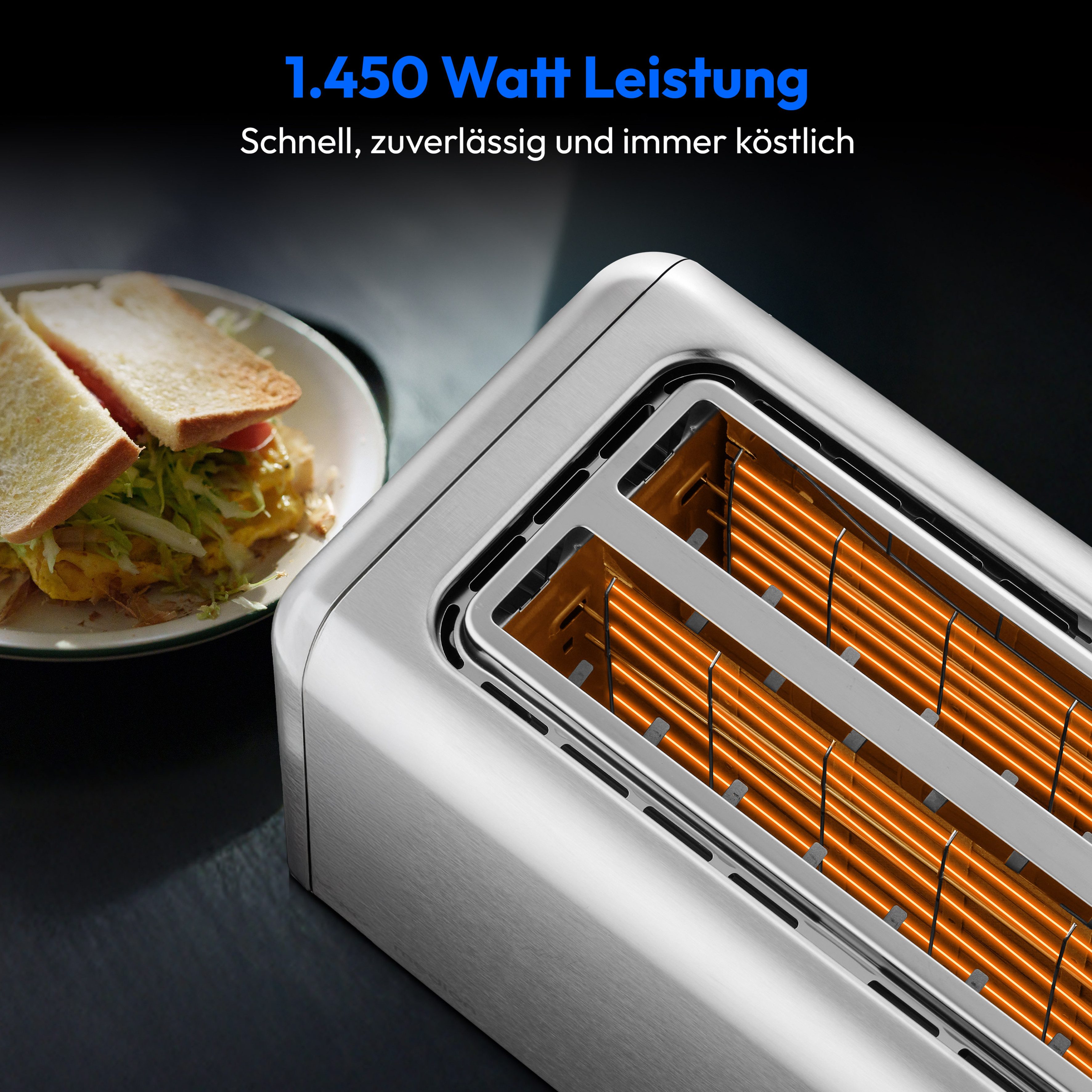 Medion® Toaster Langschlitztoaster, MD12103, LED Sensor-Touch-Display, 2 lange Schlitze, für 4 Scheiben, 1450 W, abnehmbarer Brötchenaufsatz