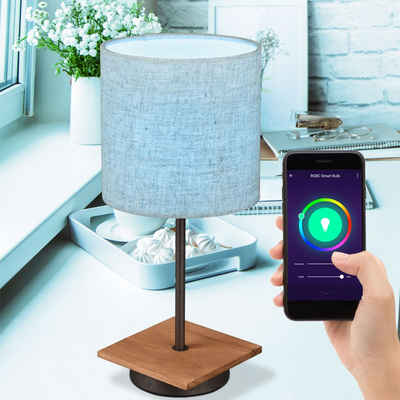 etc-shop Smarte LED-Leuchte, Smart Home Schreib Tisch Leuchte Holz Stoff Schirm Wohn-