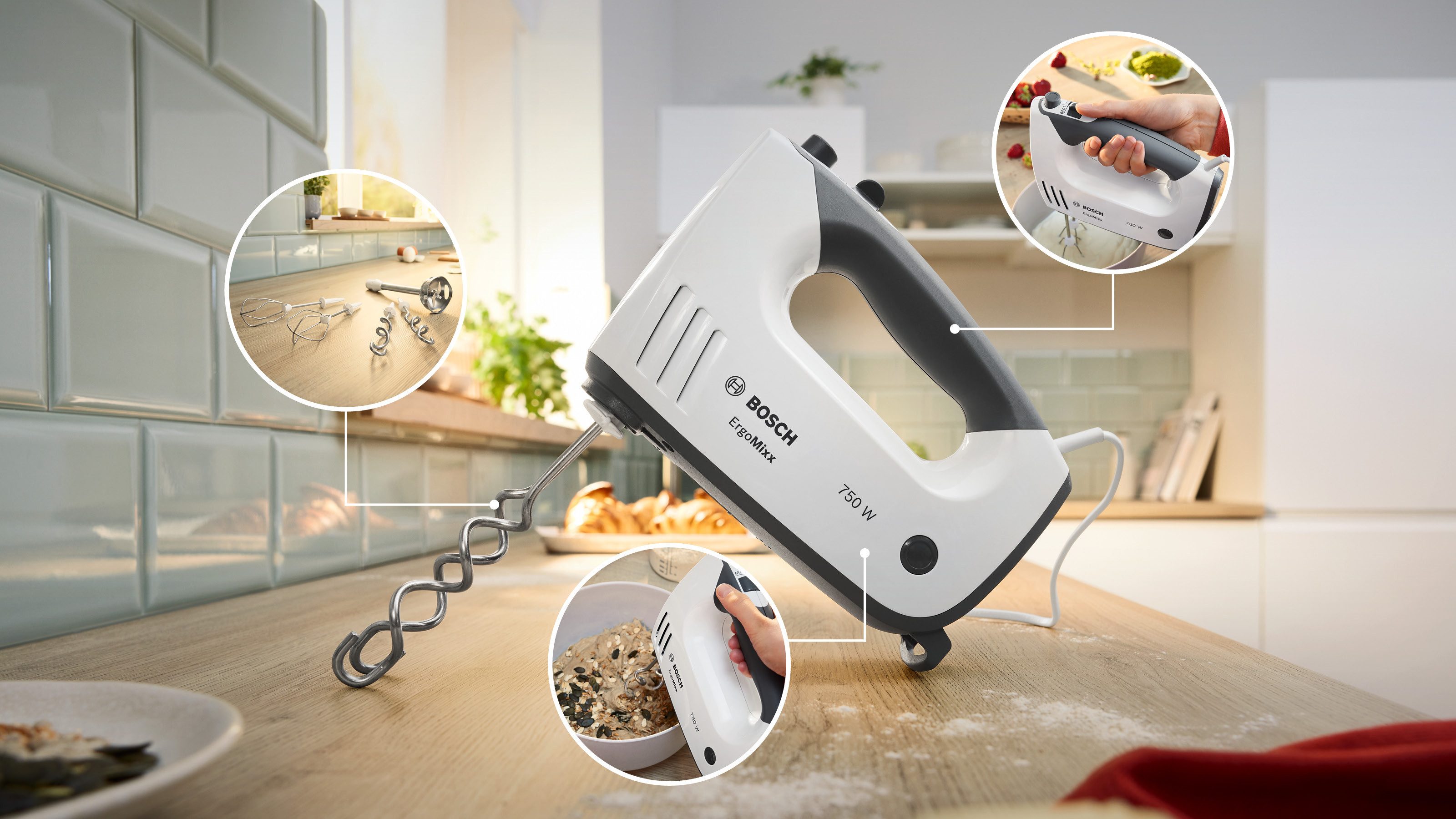 BOSCH Handmixer ErgoMixx MFQ37470, Edelst. Rührbesen/Knethaken, 5 Stufen, weiß, 750 W, Turbostufe, Mixfuß, leichtes Gehäuse, Made in Europe
