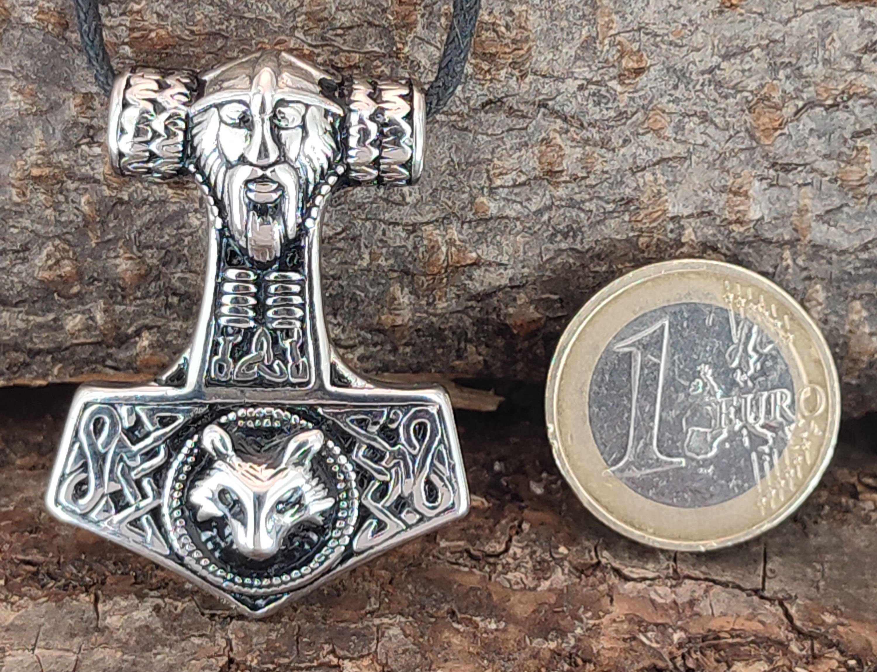 horshammer Odin of Thor Leather Kiss Edelstahl Kettenanhänger Thorhammer Wolf Edelstahl