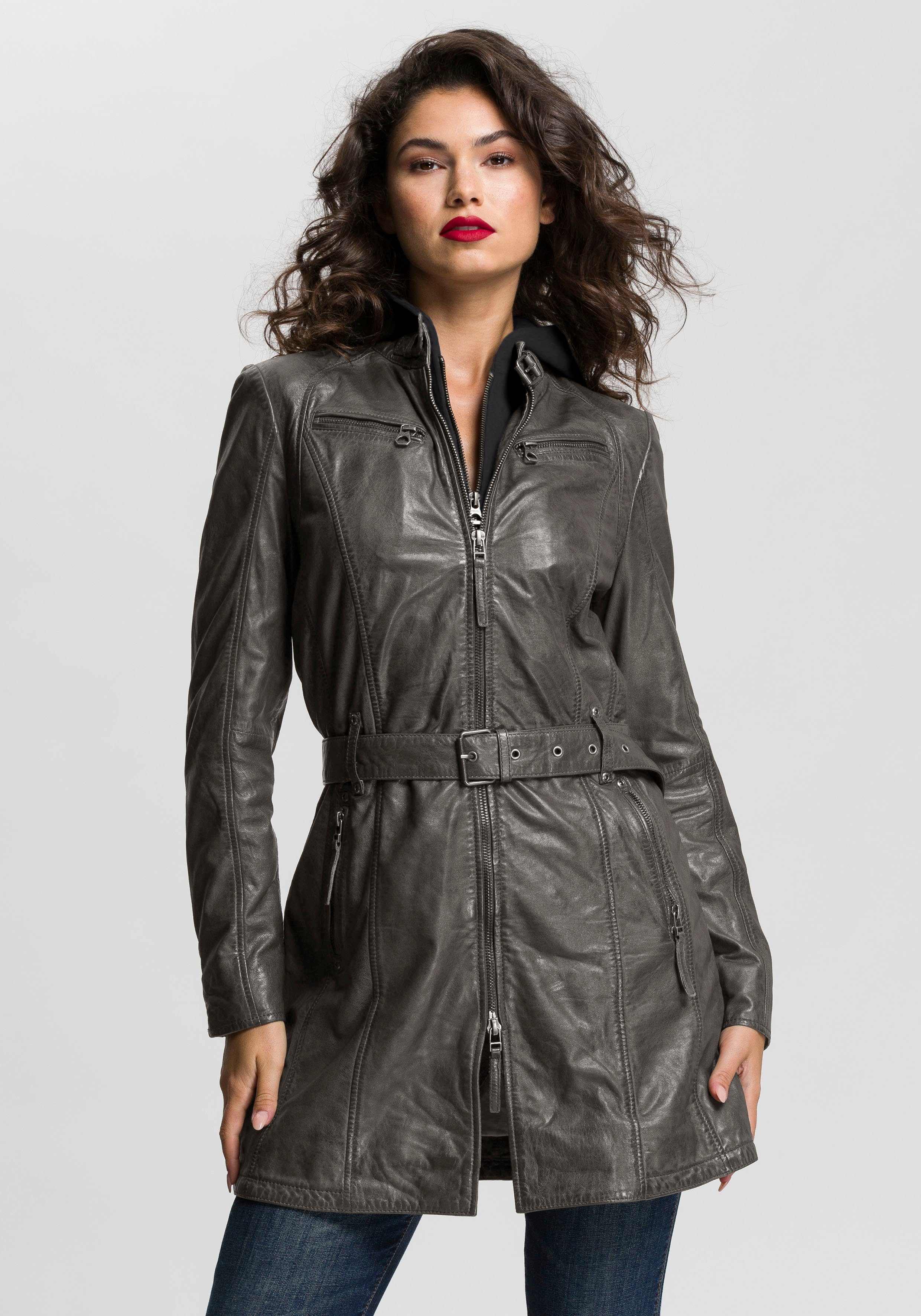 Mauritius Ledermantel BENTE2 (mit Gürtel) lange Lederjacke mit Gürtel & abnehmbarem Kapuzen-Inlay