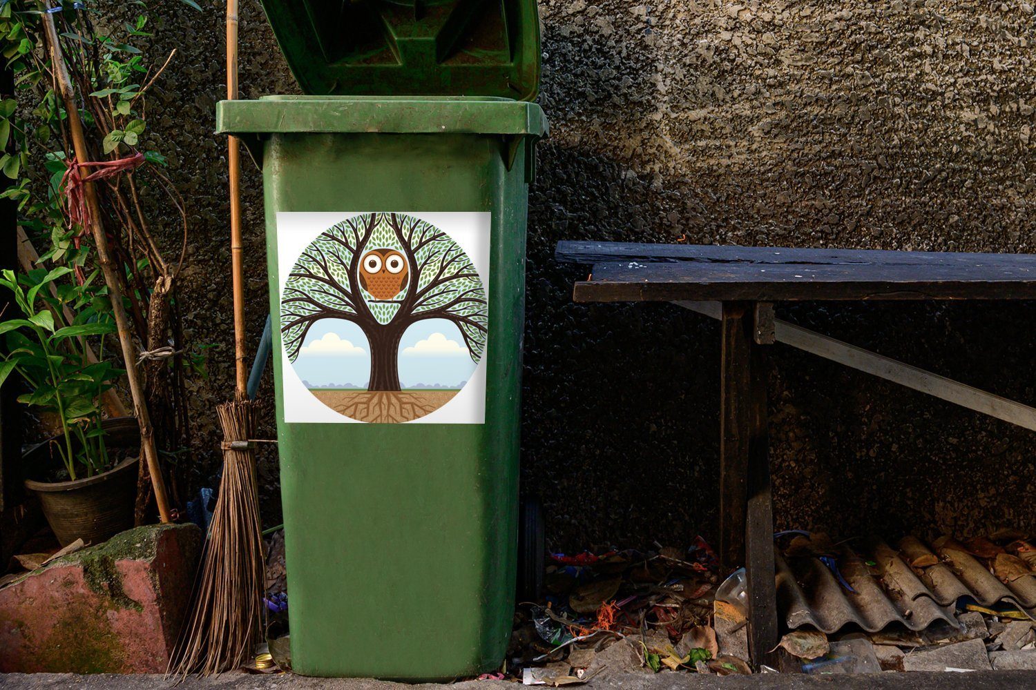 MuchoWow Wandsticker Illustration eines Baumes, lebt dem St), Container, Mülltonne, Mülleimer-aufkleber, (1 Eule Sticker, eine in Abfalbehälter großen
