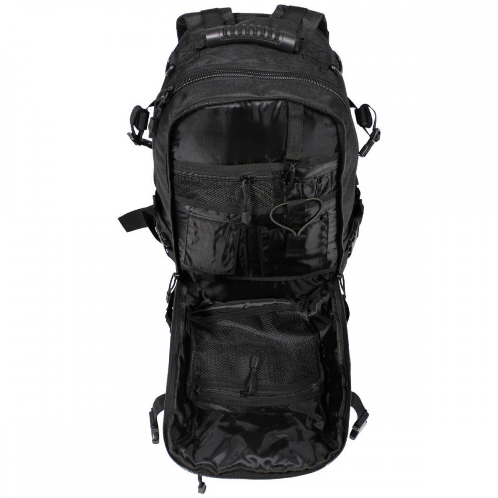 MFHHighDefence Wanderrucksack MFH HighDefence Rucksack, Aktion, schwarz (Packung), Öffnung oben für Trinkschlauch
