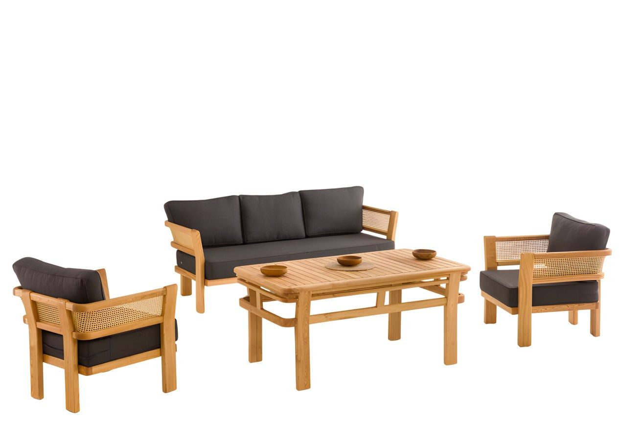 Xlmoebel Gartenlounge-Set Gartenmöbel Set Schwarz Holz Textil Modern Außenbereich, (Gartenmöbel-Set, 4-tlg., 3-Sitzer Sofa; 2x Sessel; Esstisch), Made in Europa