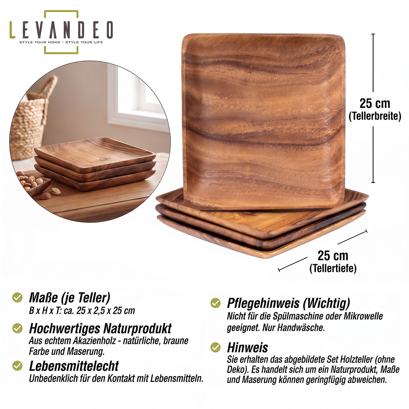 Levandeo® Teller, 4er Set Teller aus Akazienholz 25x25cm Holzteller Dekoschale Tischdeko