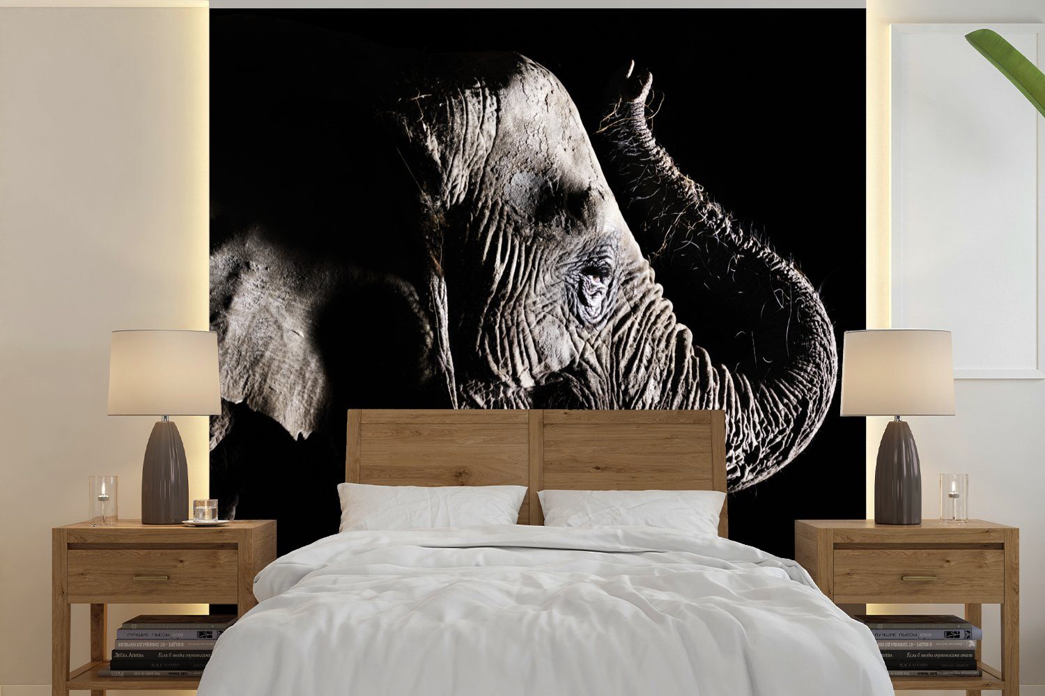 MuchoWow Fototapete Elefant - Schwarz - Tiere - Natur, Matt, bedruckt, (4 St), Vliestapete für Wohnzimmer Schlafzimmer Küche, Fototapete