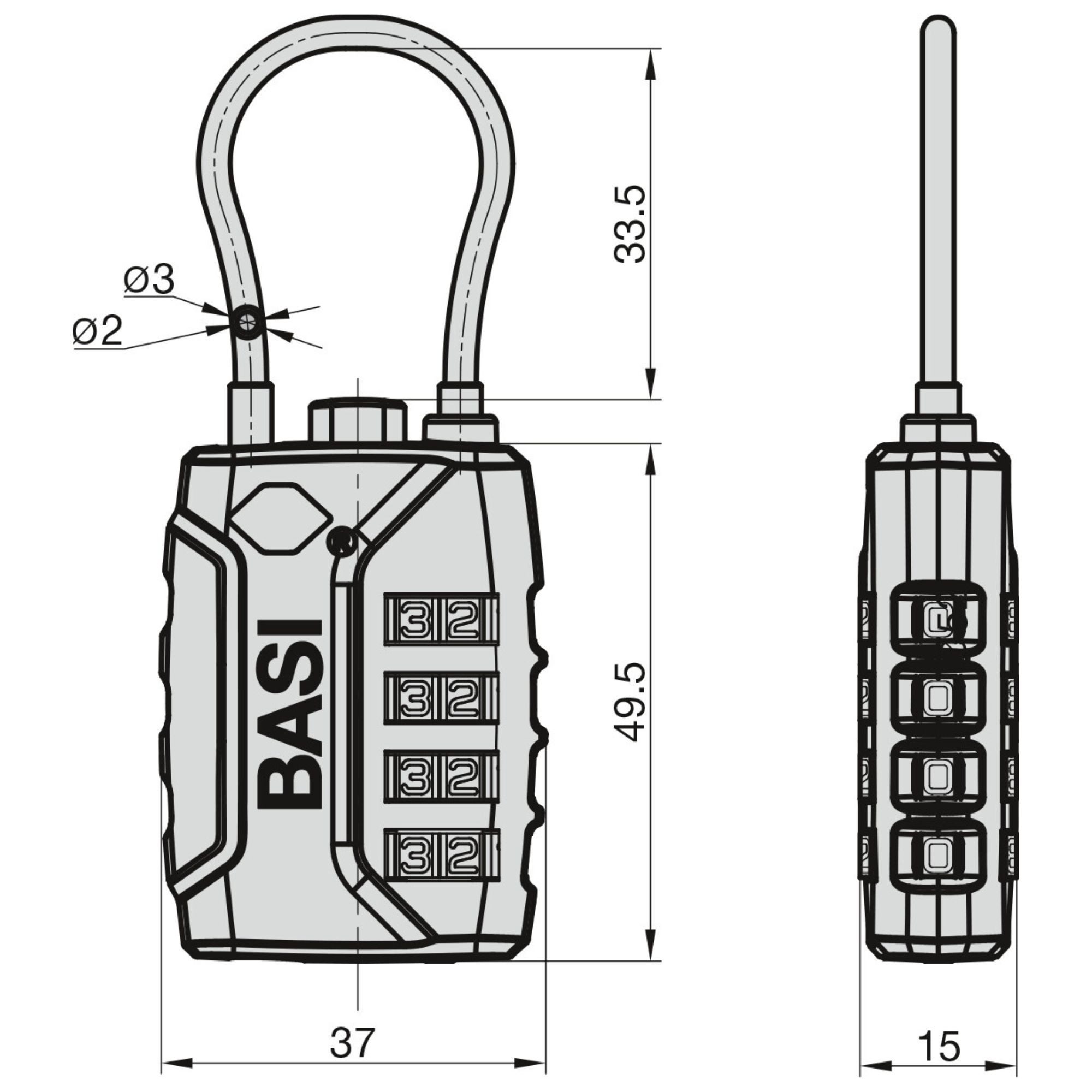 BASI TSA-Vorhängeschloss Kofferschloss, (Packung, 1-tlg), Zahlencode 4-stellig, Breite 37 mm, flexibles Stahlseil
