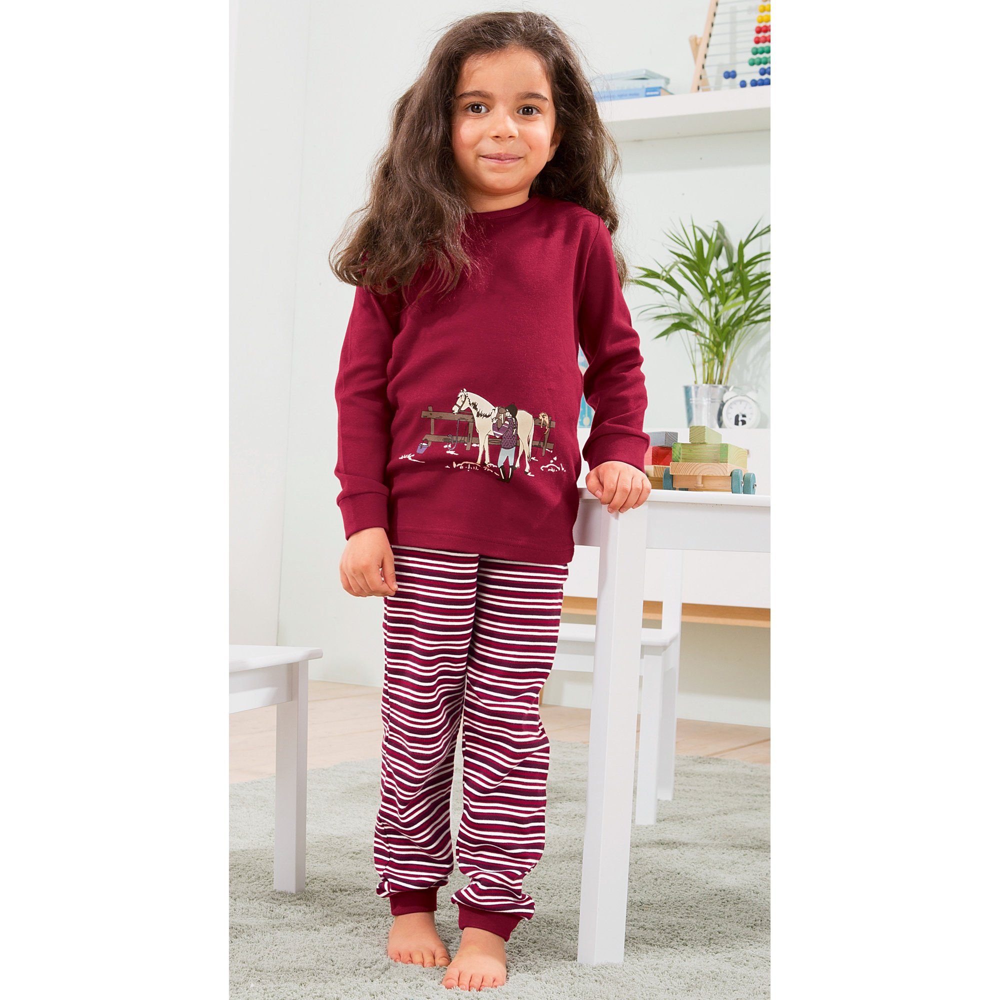 Erwin Müller Pyjama Kinder-Schlafanzug Interlock-Jersey Streifen/Tiermotive: Pferd