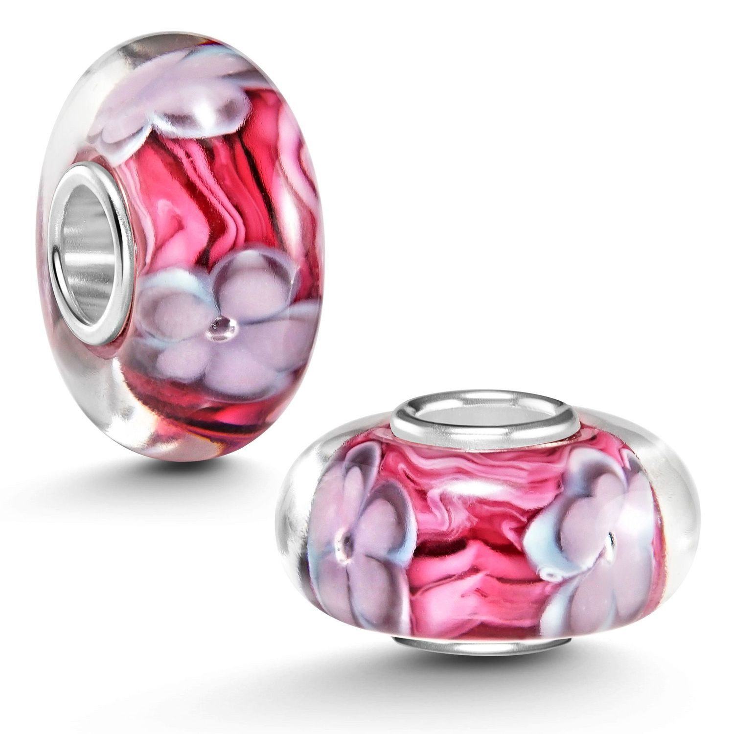 Materia Bead Glasperle Blumen / Blüten Rot Pink Lila 967, Kern aus 925 Sterling Silber