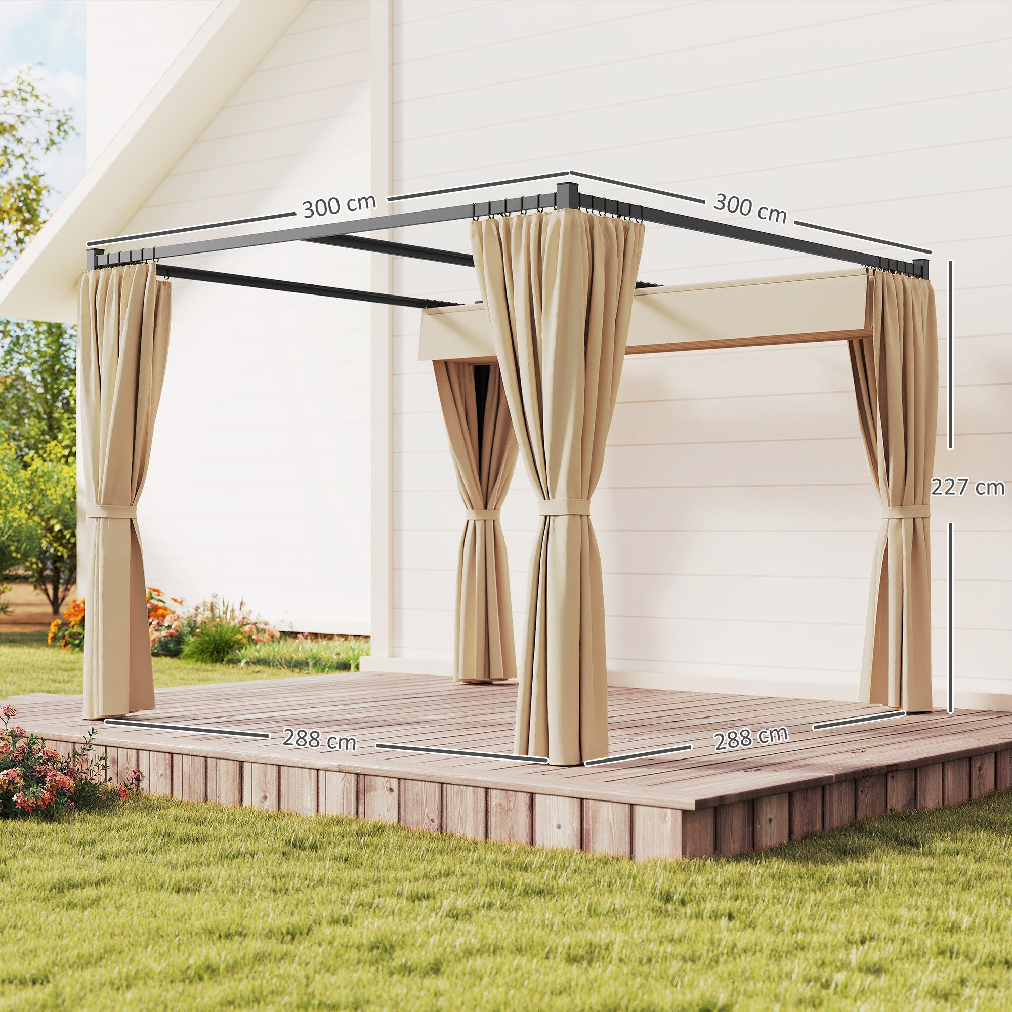 Outsunny Pergola mit Schiebedach, 4 Seitenwände, BxTxH: 300x300x227 cm, (Überdachung, 1-tlg., Terrassenüberdachung), für Terrasse Garten, Beige