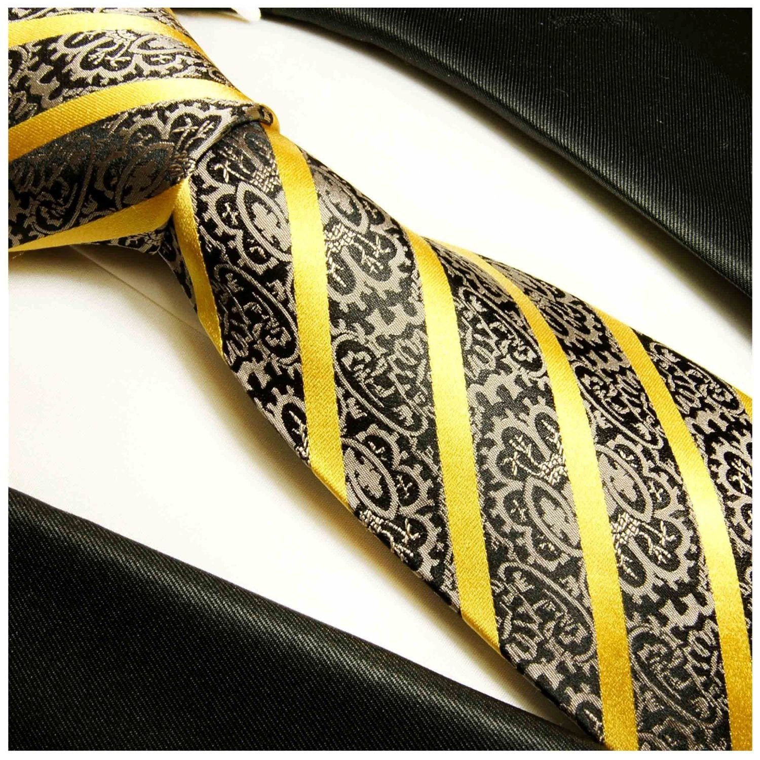 Paul Malone 931 grau gestreift Schmal (6cm), gold Seide barock Moderne Krawatte 100% schwarz Seidenkrawatte Herren