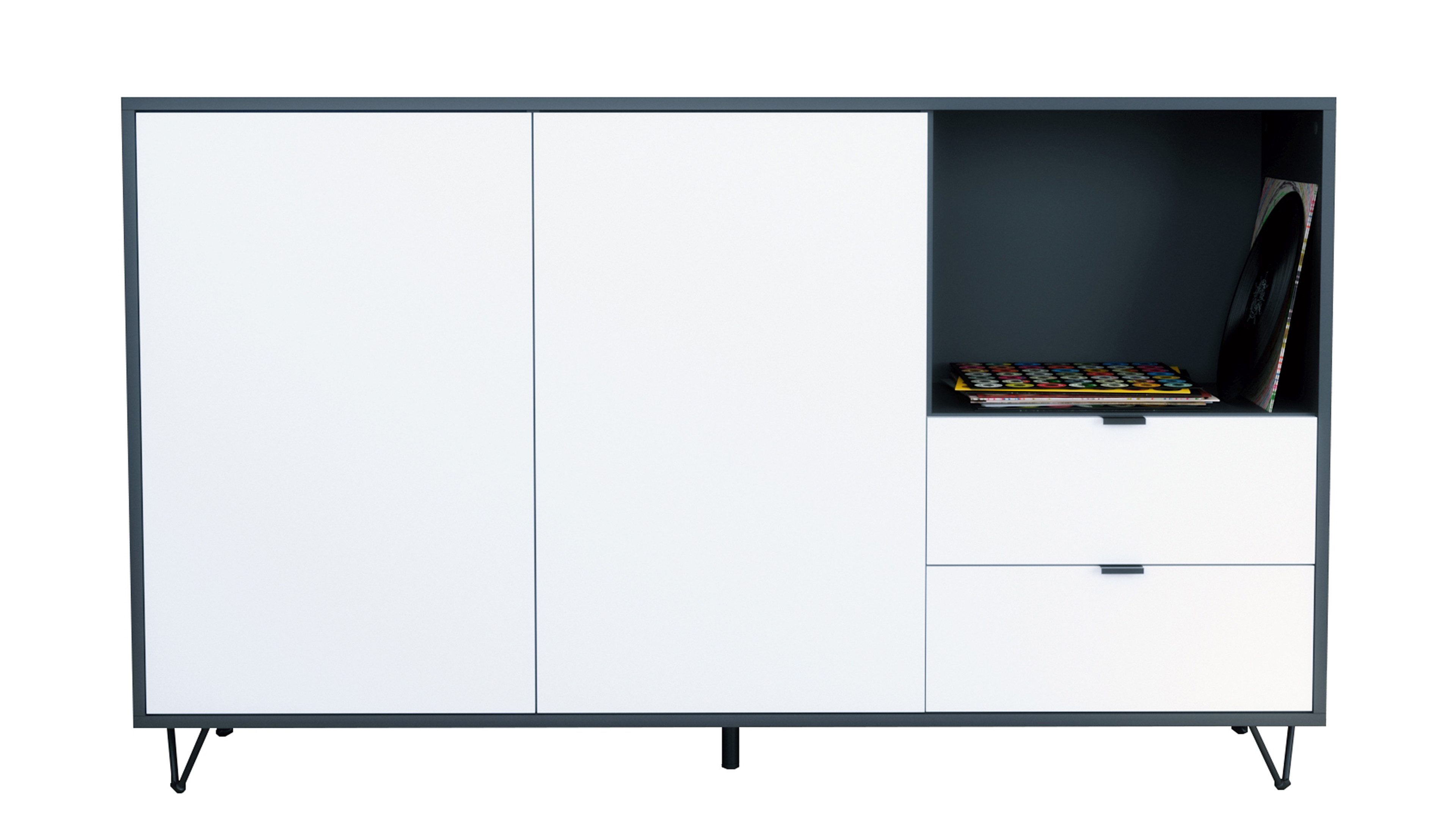 Vladon Sideboard Marino (Kommode mit 2 Двери Weiß matt, 2 Schubladen Weiß matt, Made in Germany), Korpus Anthrazit matt (152,5 x 90,5 x 37 cm)