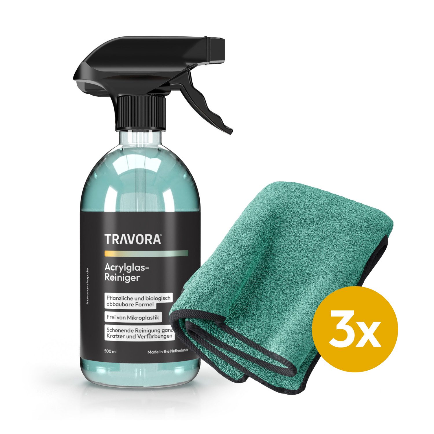 TRAVORA Reinigungs-Set Bio-Glasreiniger Auto & Acryl Glas Reiniger für kristallklare Sicht