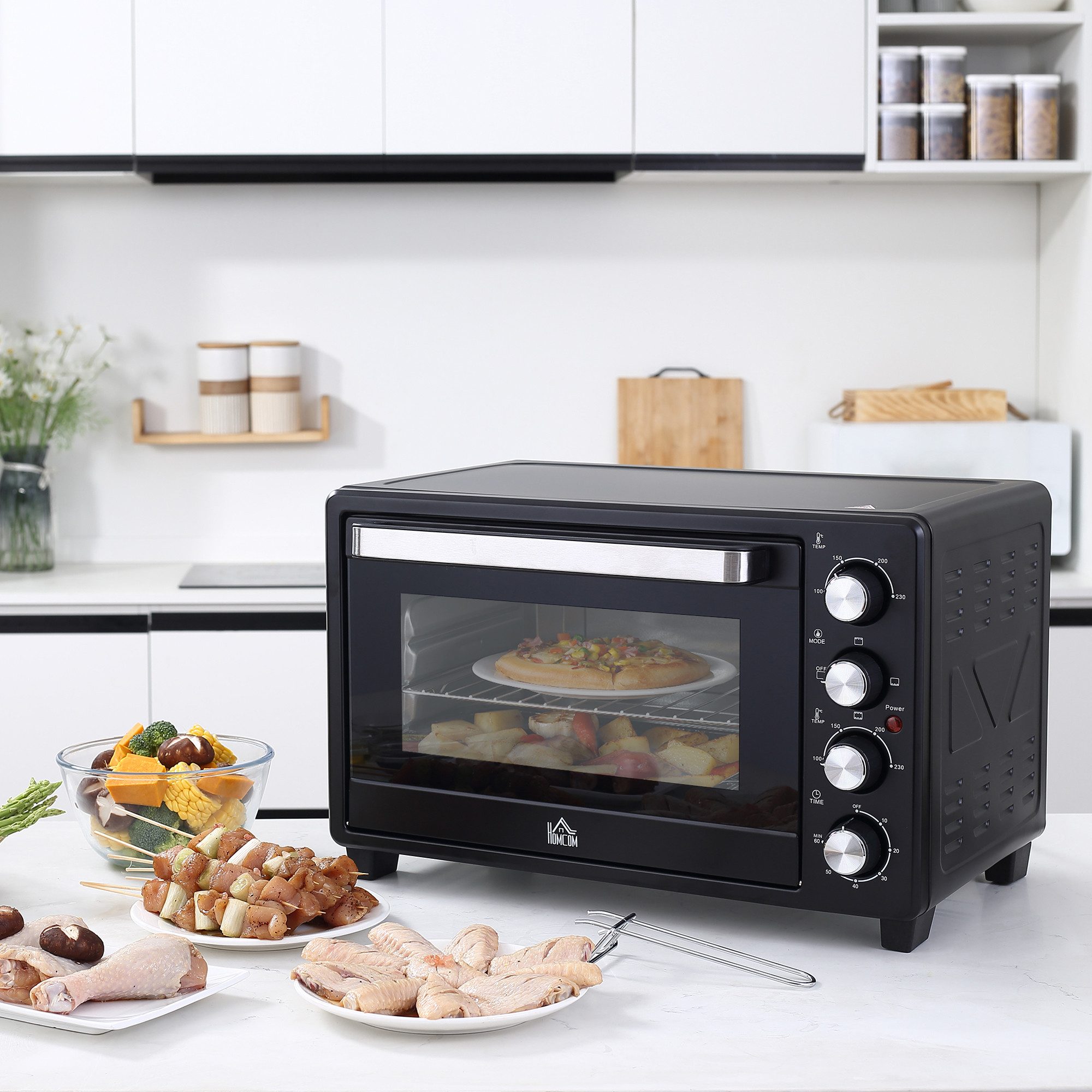 HOMCOM Minibackofen 32L 100 °C-230 °C 1600 W Mini Ofen mit Backblech Krümelblech, Schwarz 52,2 x 38,1 x 33,5 cm