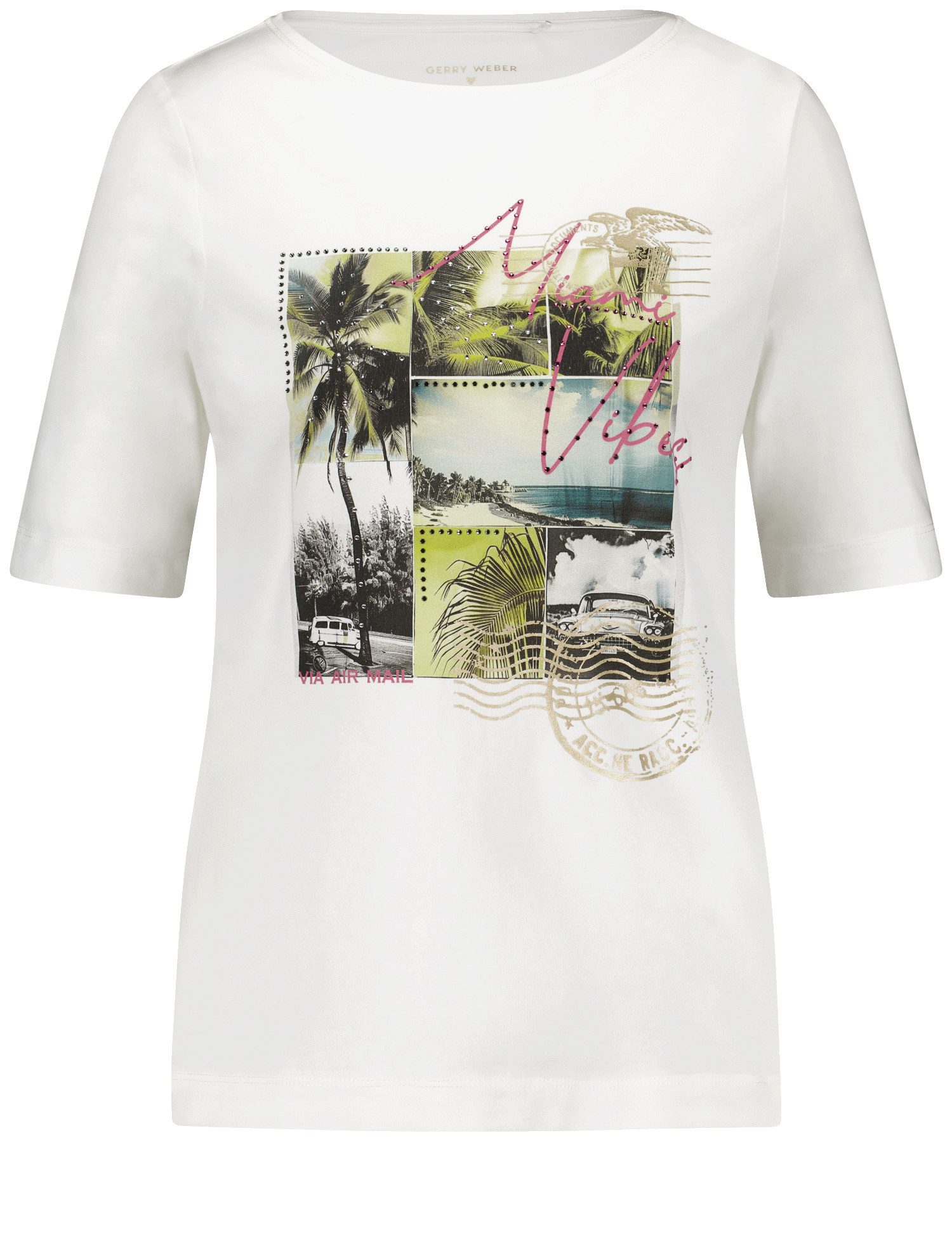 Shirtbluse Halbarmshirt mit Frontprint und Ziersteinchen