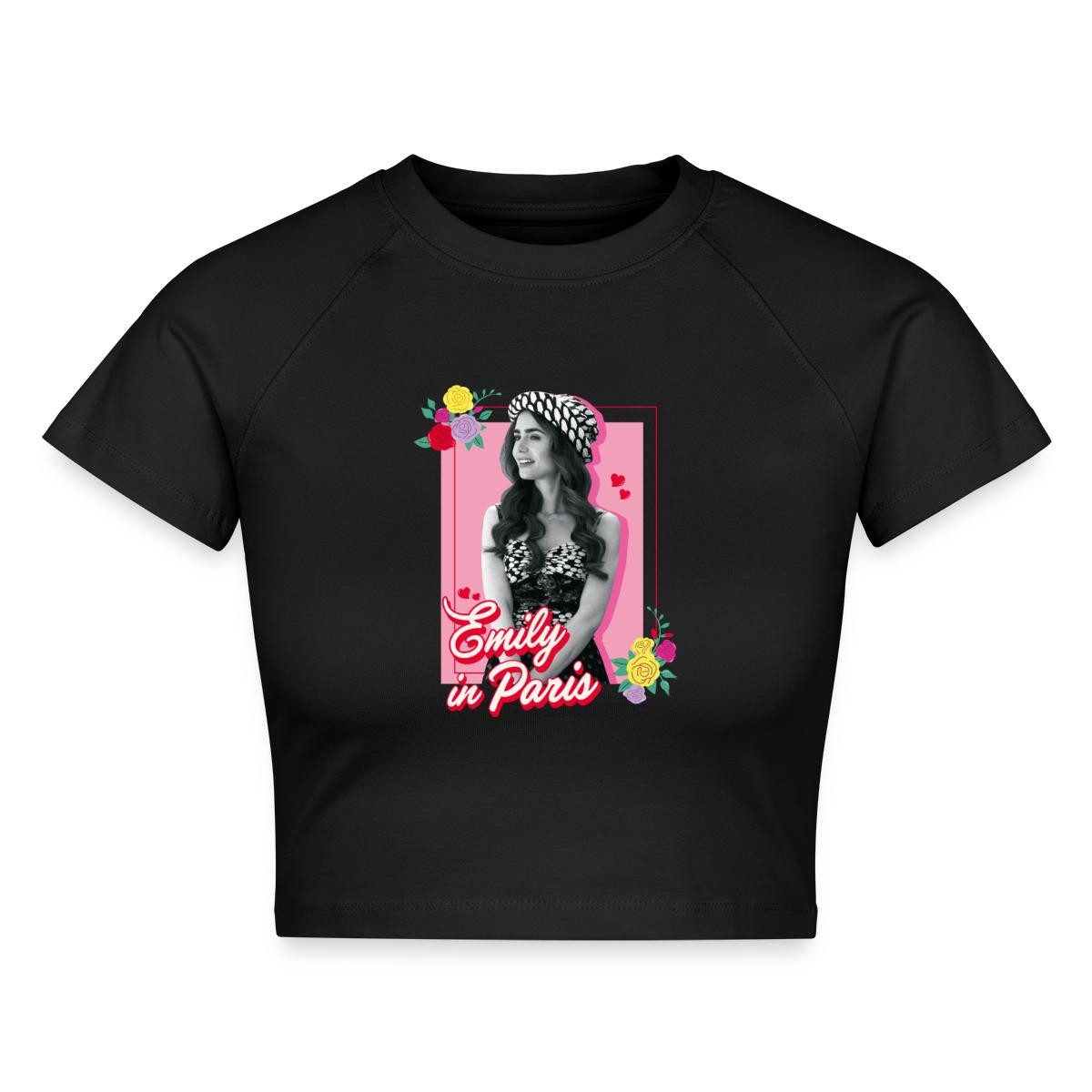 Spreadshirt T-Shirt Emily In Paris Emily Schwarz-Weiß Bild Mit Blumen Crop Top (1-tlg)