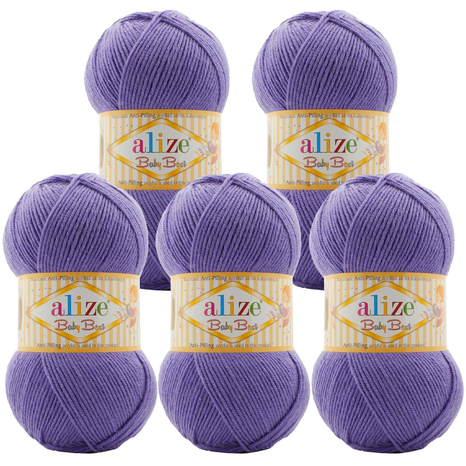 Alize 5 x 100g Strickgarn ALIZE Baby Best uni Babywolle Wolle Antipilling Häkelwolle, 240 m (Sparpaket), 851 violett