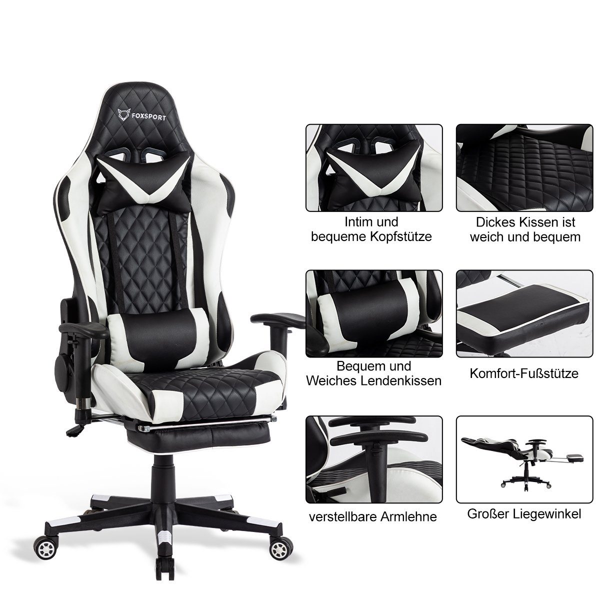 FOXSPORT Gaming-Stuhl Ergonomischer weiß Stuhl Gaming Fußstütze mit
