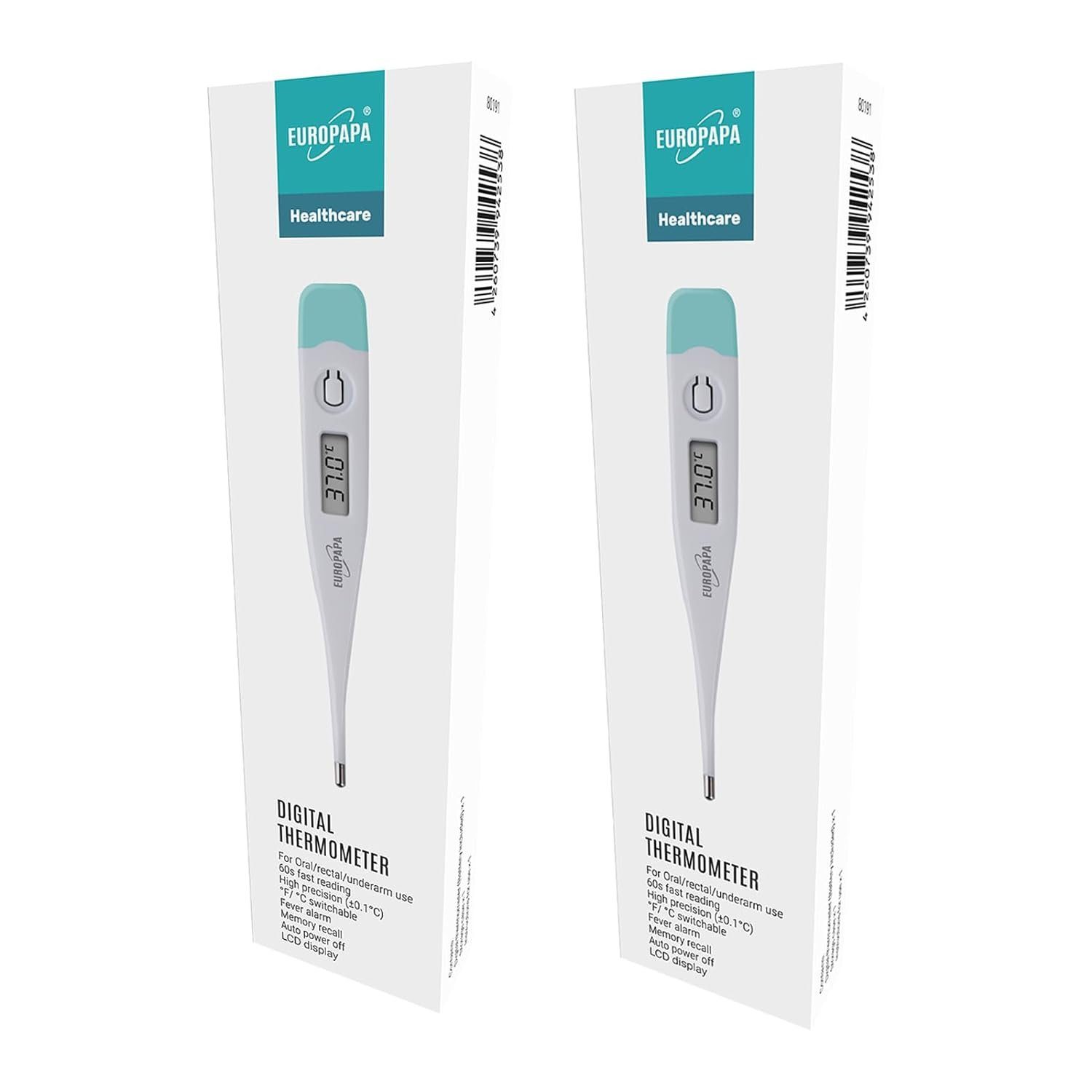EUROPAPA Fieberthermometer 2 Stück Digitales Fieberthermometer für Babys, 2-tlg., Kinder und Erwachsene, Thermometer für oral, axillar oder rektal, wasserdicht mit Fieberalarm