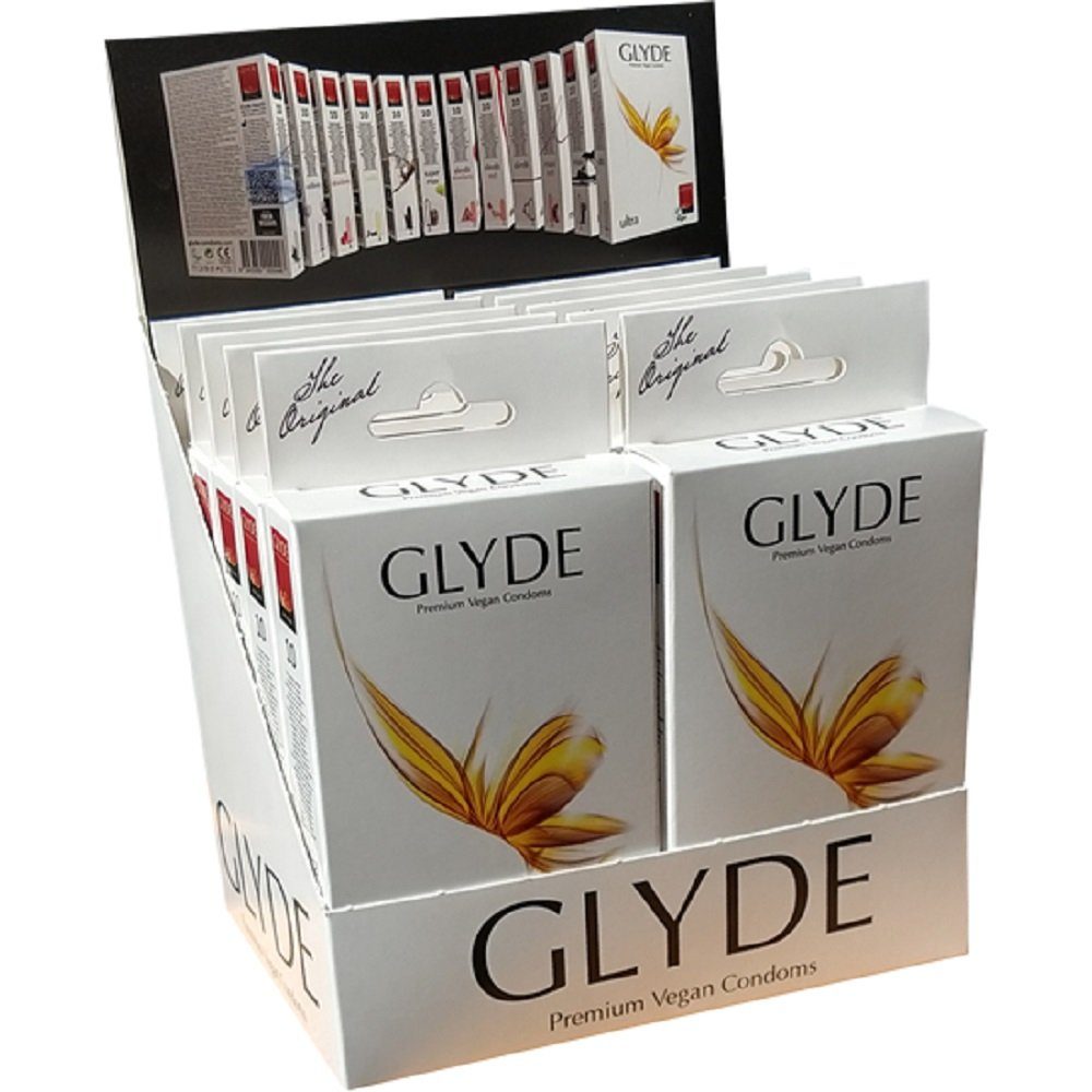 Glyde Kondome Ultra, 10x10 vegane Kondome ohne Casein, Geruchs- und Geschmacksneutral, Spar-Set, 100 St., Sorte: Natural, Zertifiziert mit der Veganblume, Gefühlsecht & Reißfest