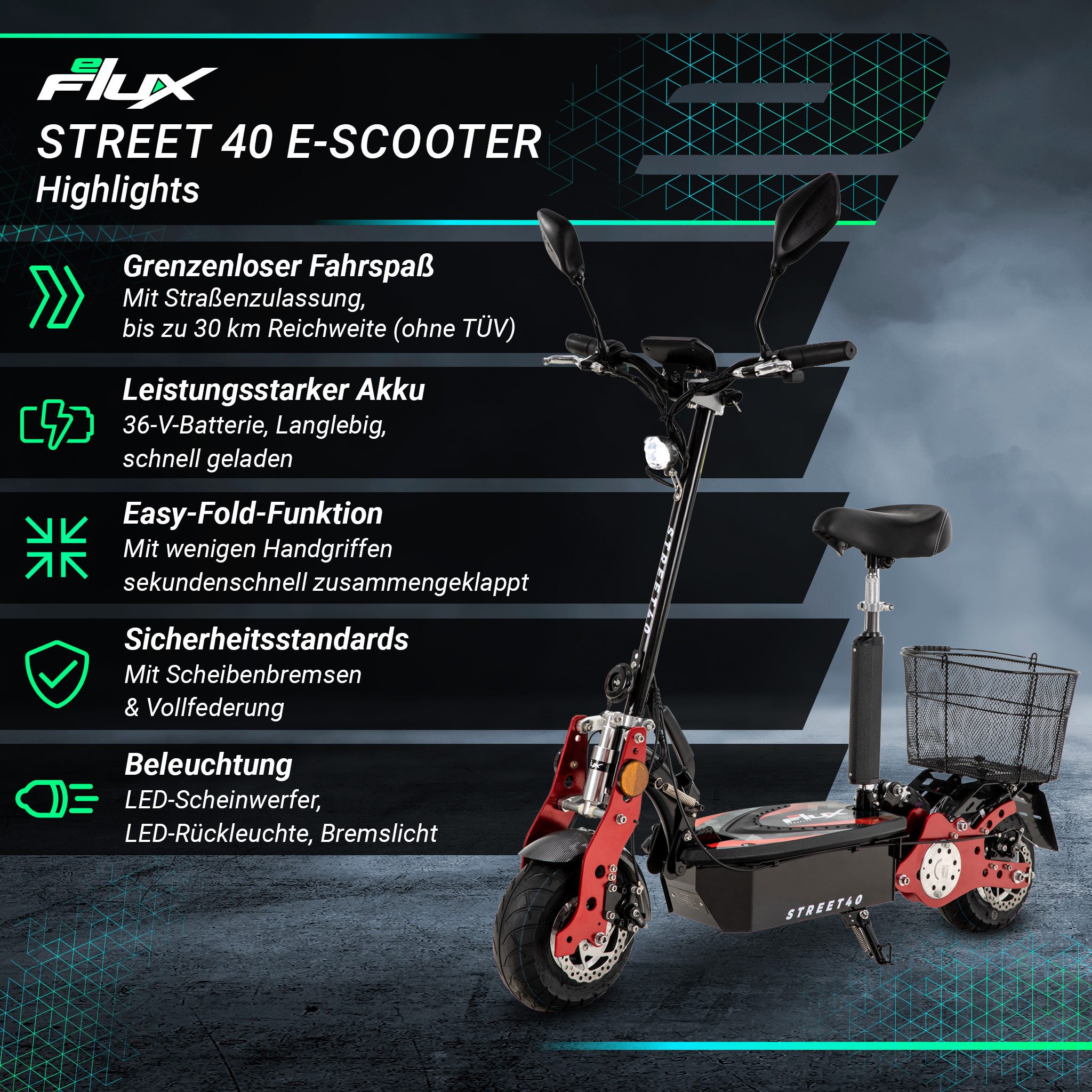 eFlux E-Scooter Street 40 Pro Elektro Roller mit Straßenzulassung klappbar, (E Scooter, E Roller, Elektro Roller), EScooter mit Straßenzulassung, Elektroroller mit Gepäckkorb, E Scooter