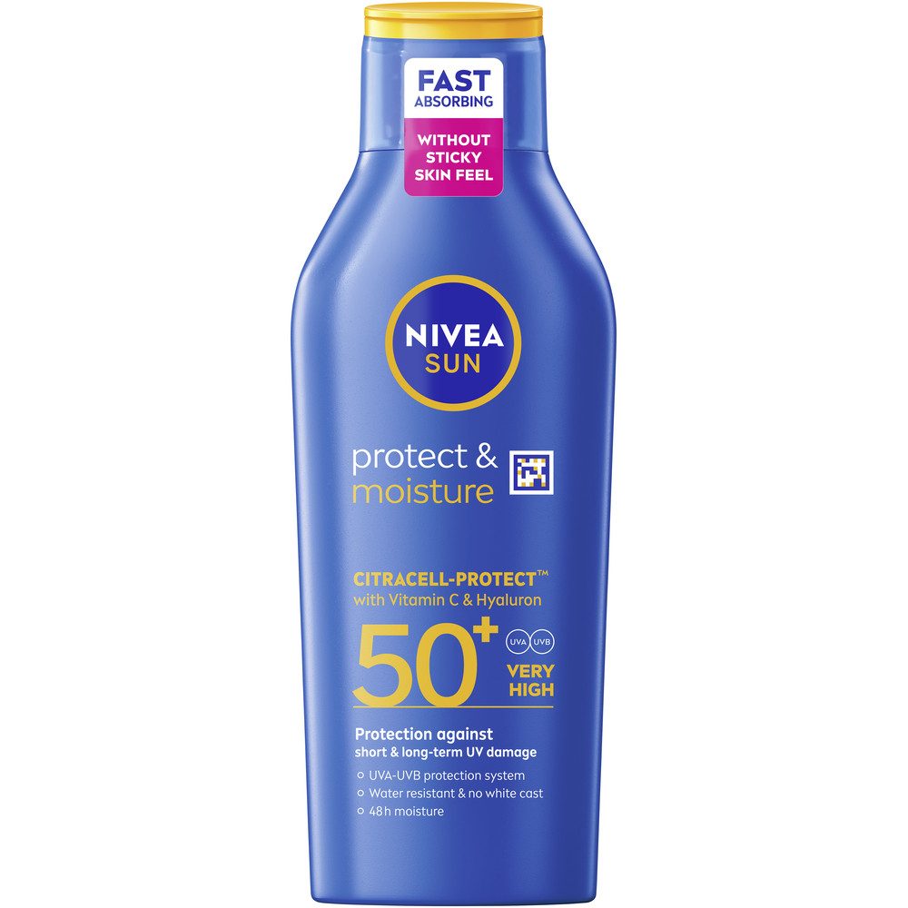 Nivea Sun Sonnenschutzlotion Schutz & Pflege Lotion LSF50+, mit leichter Textur, feuchtigkeitsspendende und pflegende Formel
