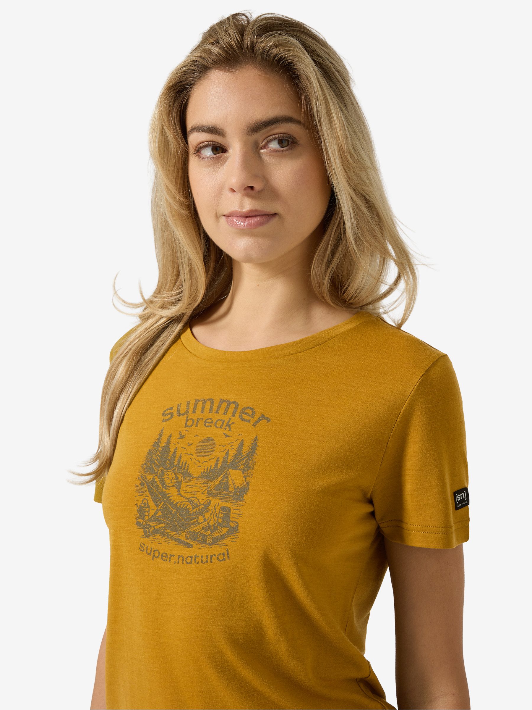 SUPER.NATURAL T-Shirt für Damen,Merino W SUMMER BREAK TEE mit Sommer-Motiv, atmungsaktiv