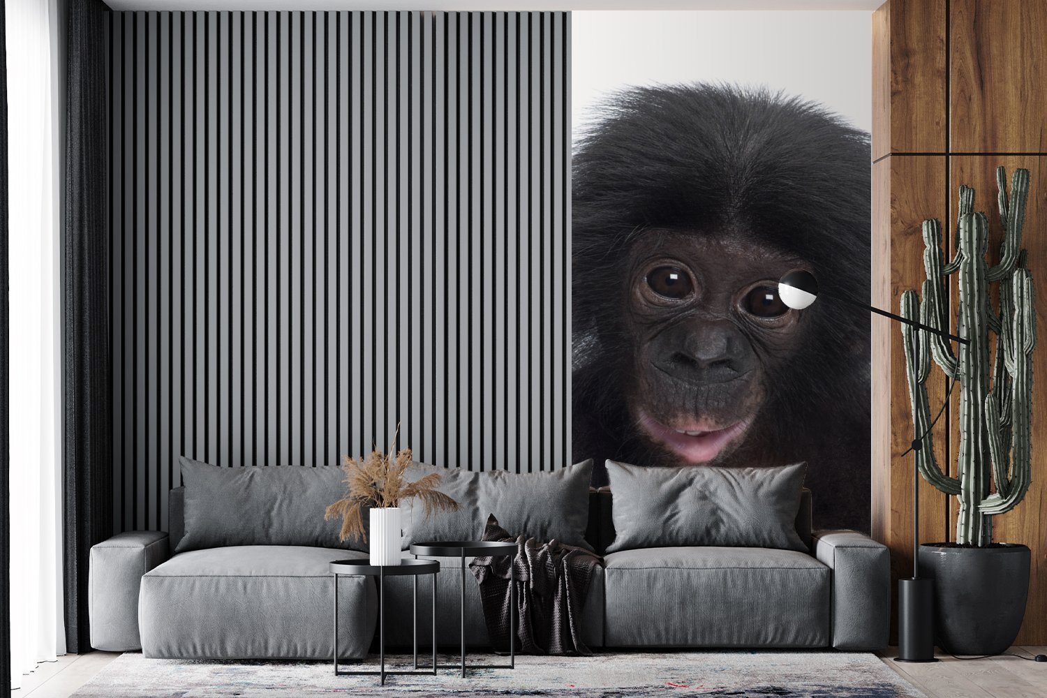Vliestapete - Porträt für Schlafzimmer Fototapete Matt, (2 - St), - Wohnzimmer Jungen Schimpanse Fototapete Kinder MuchoWow Küche, - Affe Mädchen, bedruckt, -