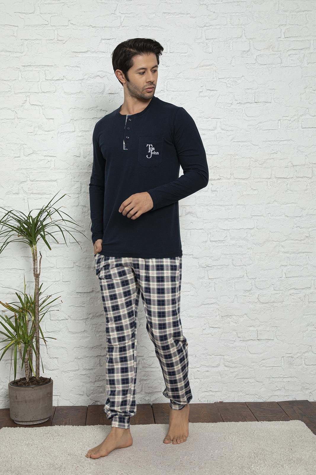 LOREZA ® Herren Pyjama Set lang Zweiteiliger Schlafanzug Baumwolle Langarm Kariert Hausanzug M-5XL