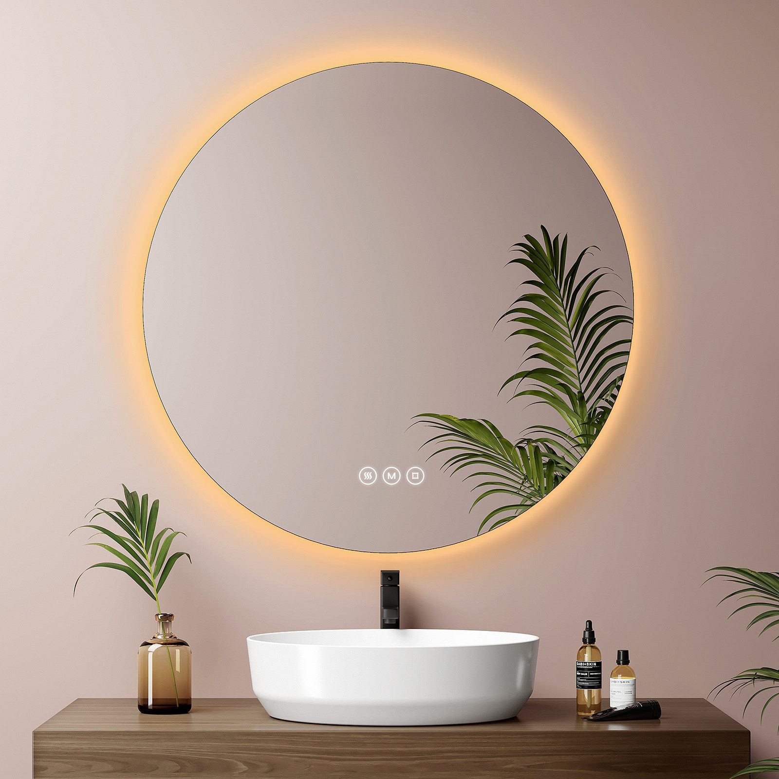 EMKE Badspiegel Runder Wandspiegel mit LED-Beleuchtung ohne Rahmen, Dimmbar Modern (50~80cm, Touchschalter), Kalt/Neutral/Warmweiß Licht,Dimmbar Antibeschlag,Memory Funktion,IP44