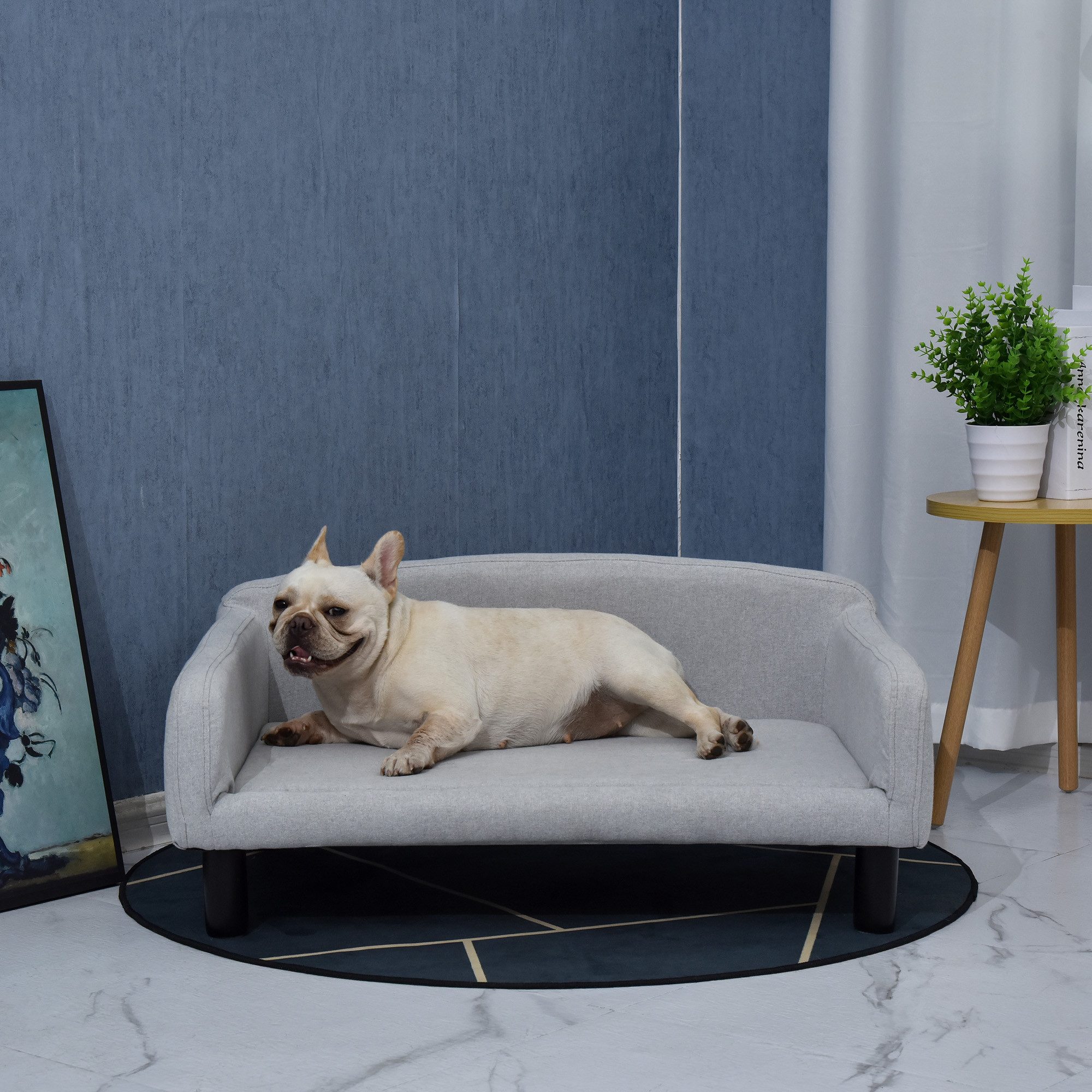PawHut Tierbett Hundesofa Hundebett aus Samt mit Rückenlehne, Holzbeine, Polyester, Hellgrau 82 x 54 x 36 cm