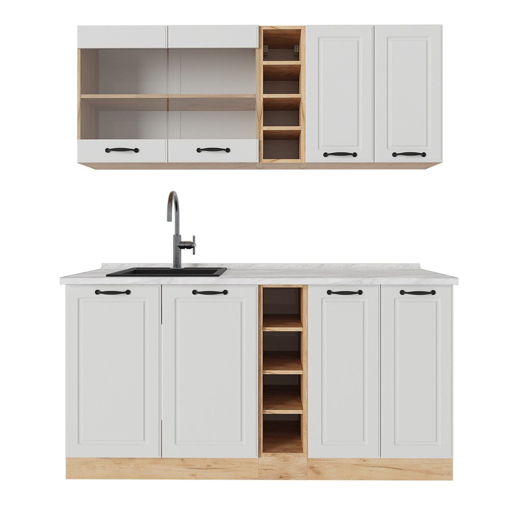 Vicco Küchenzeile R-Line, Weiß Landhaus/Goldkraft Eiche, 160 cm, AP Marmor