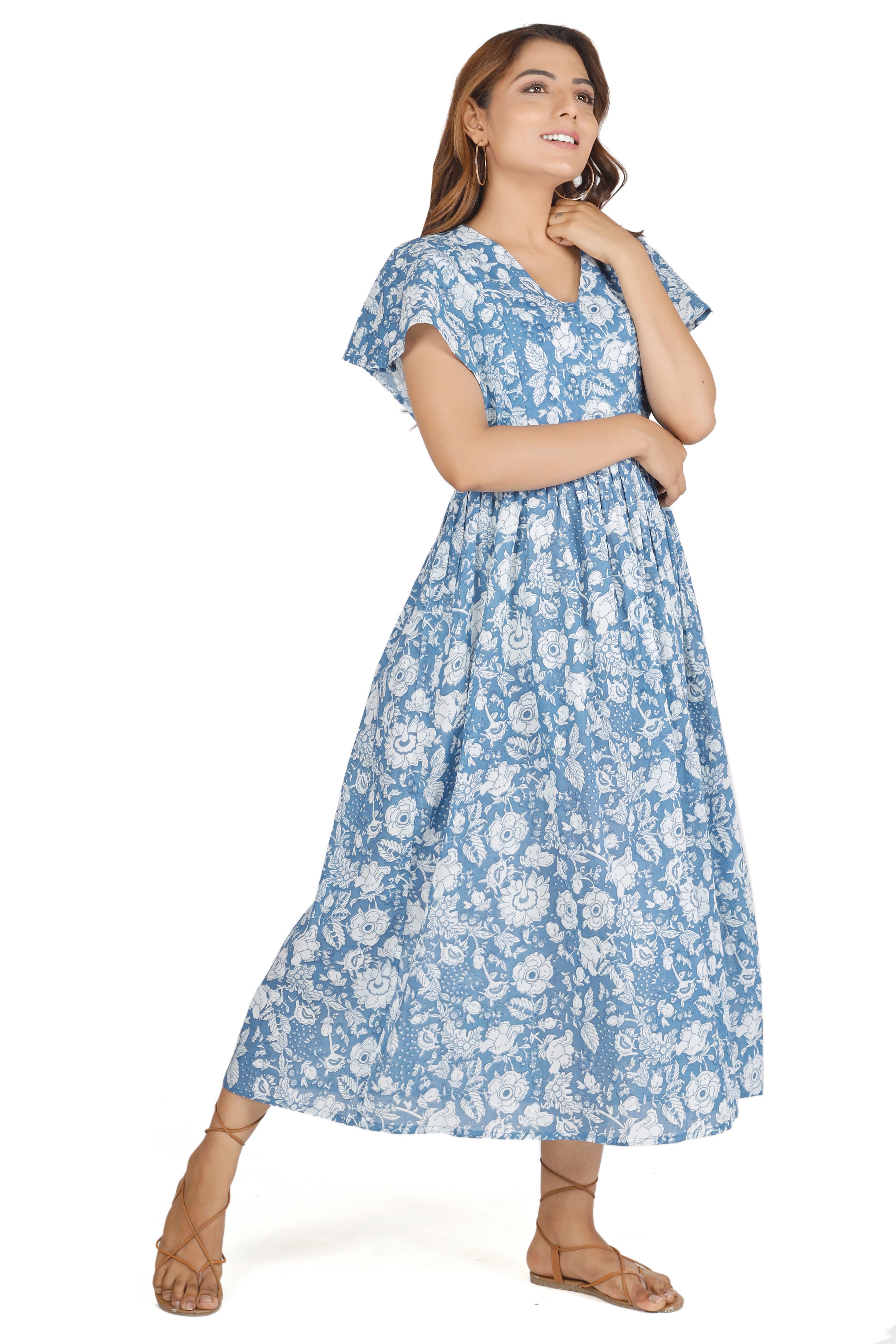 Midikleid handbedrucktes.. Bekleidung blau Sommerkleid, Guru-Shop Luftiges alternative Boho