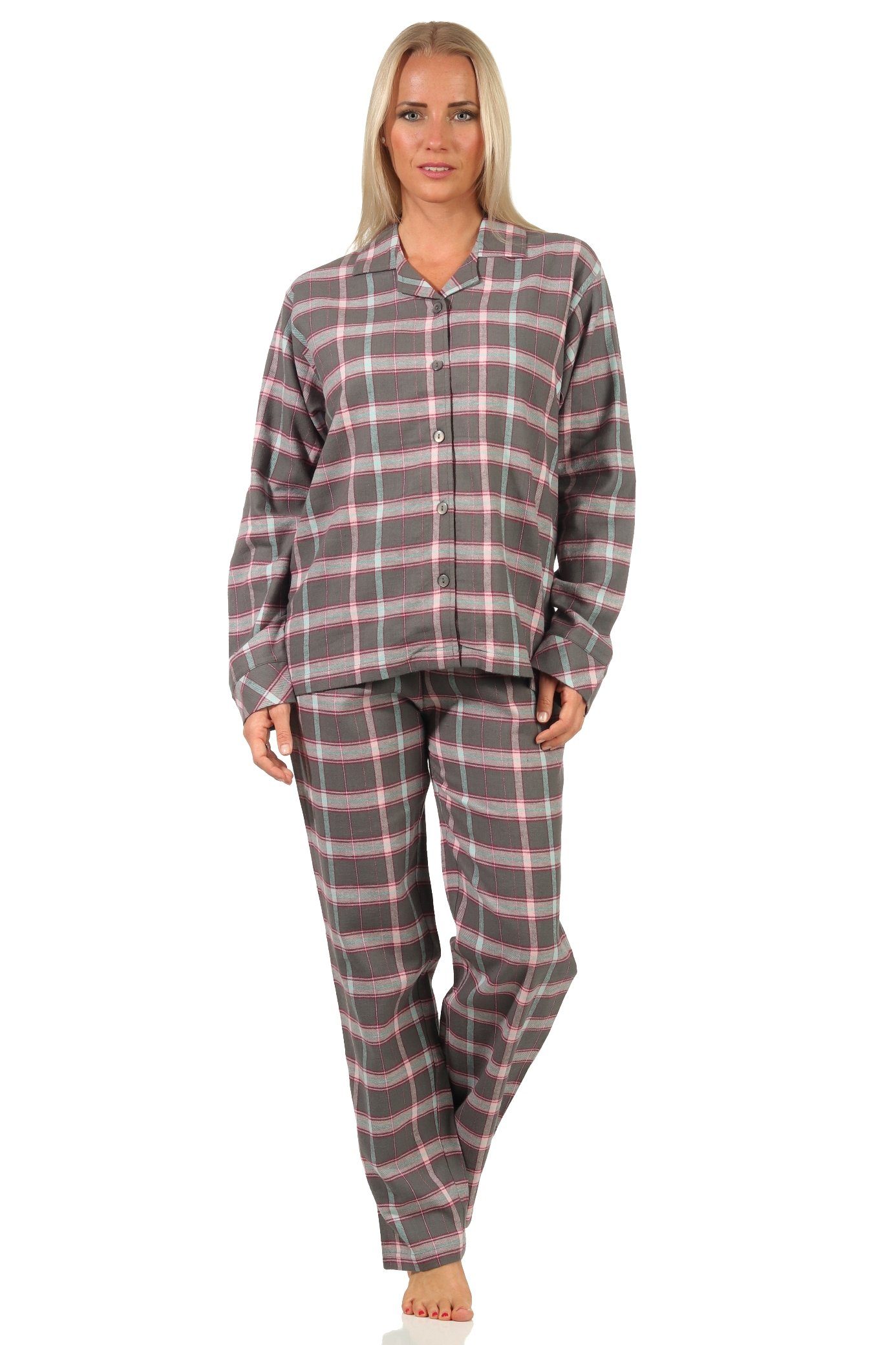 by Damen Creative und Flanell kariert Normann Knopfleiste Schlafanzug Hemdkragen Pyjama mit