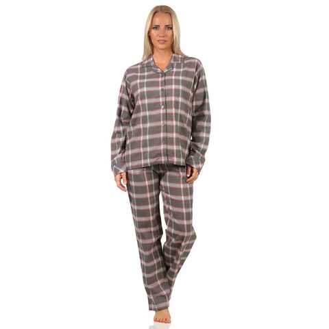 Creative by Normann Pyjama Damen Flanell Schlafanzug kariert mit Knopfleiste und Hemdkragen